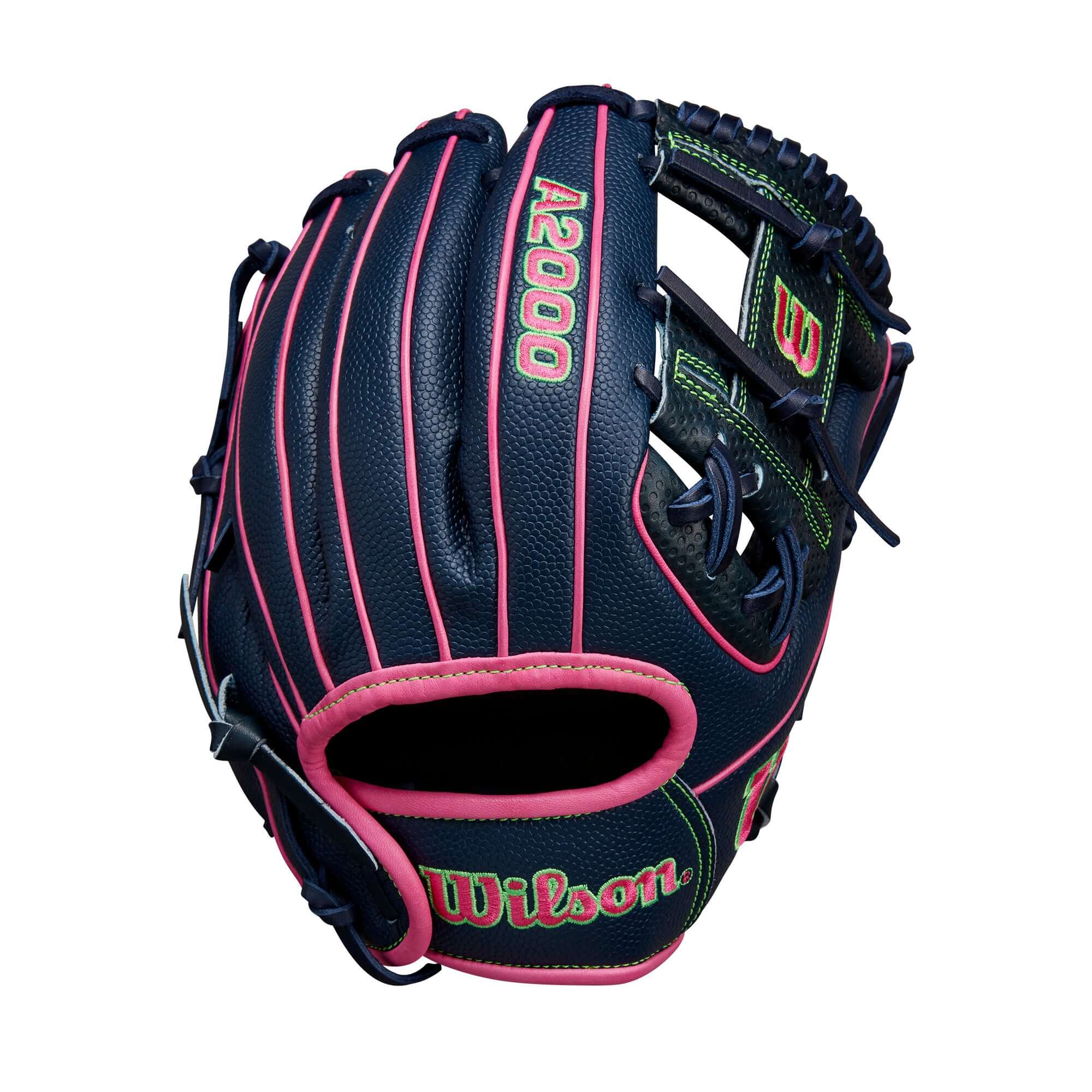 Wilson A2000 DP15SS glove in Navy, Pink, and Green colors, 11.5 inches, designed for infield play with Pedroia Fit Technology.