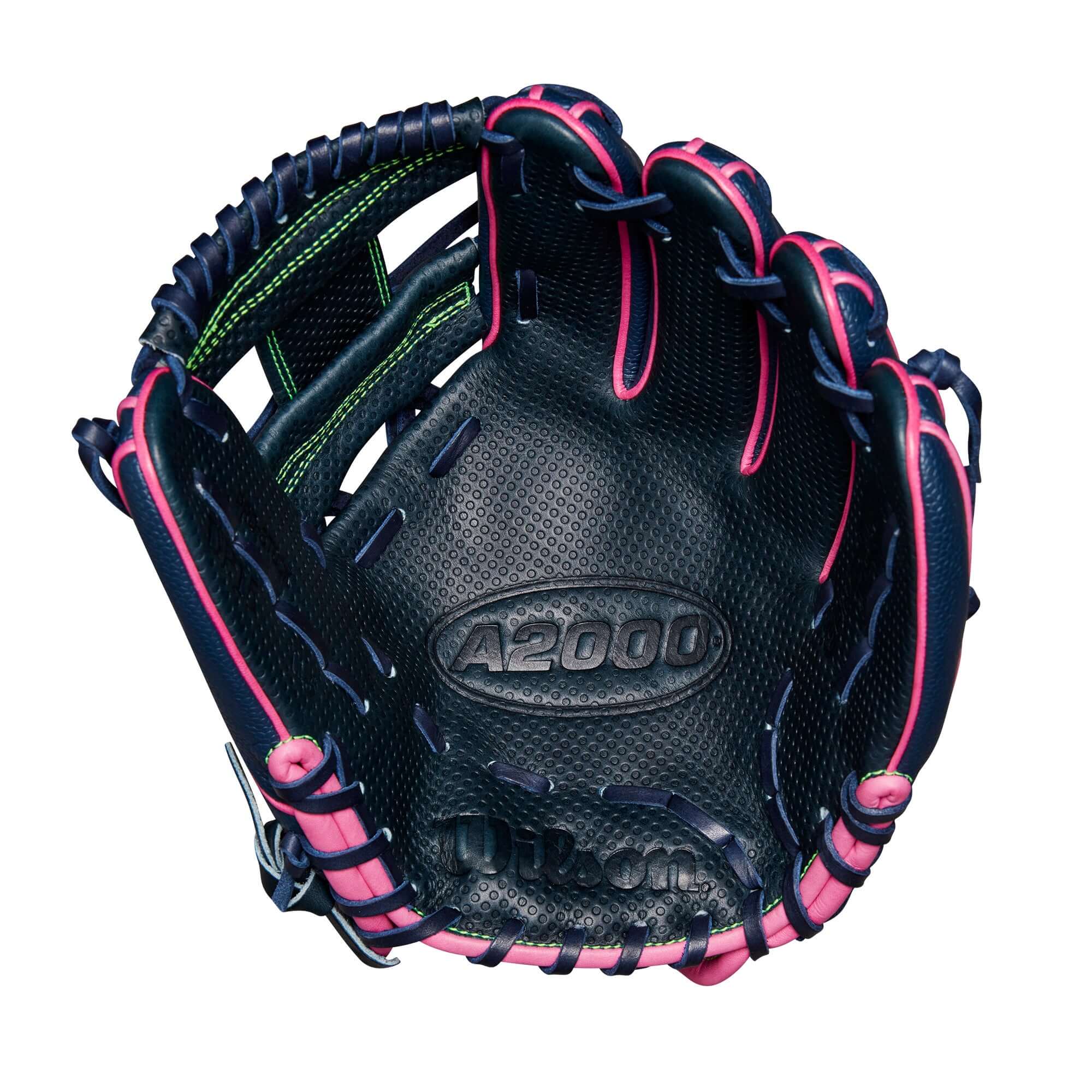 Wilson A2000 DP15SS glove in navy, pink, and green, designed for infielders with Pedroia Fit Technology, 11.5 inches.