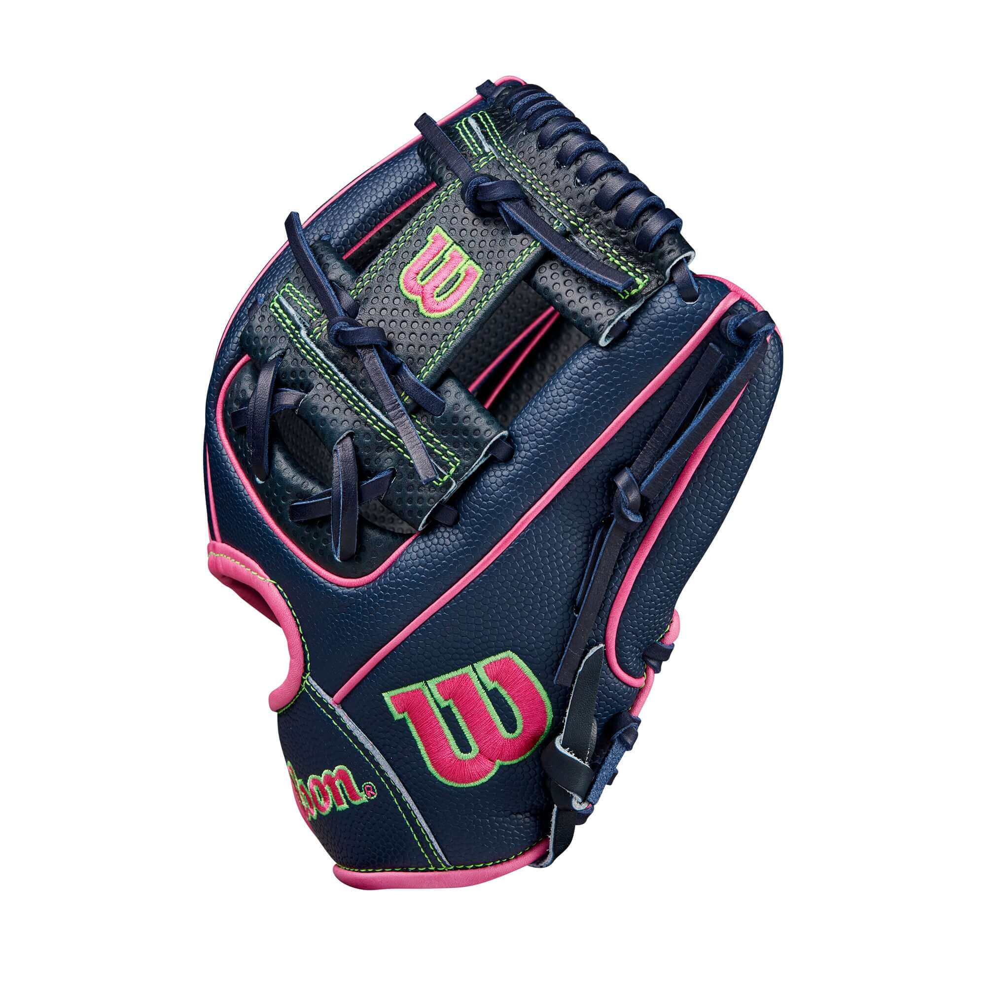 Wilson Spring 2025 A2000 DP15SS glove in navy, pink, and green, designed for infielders with Pedroia Fit Technology.
