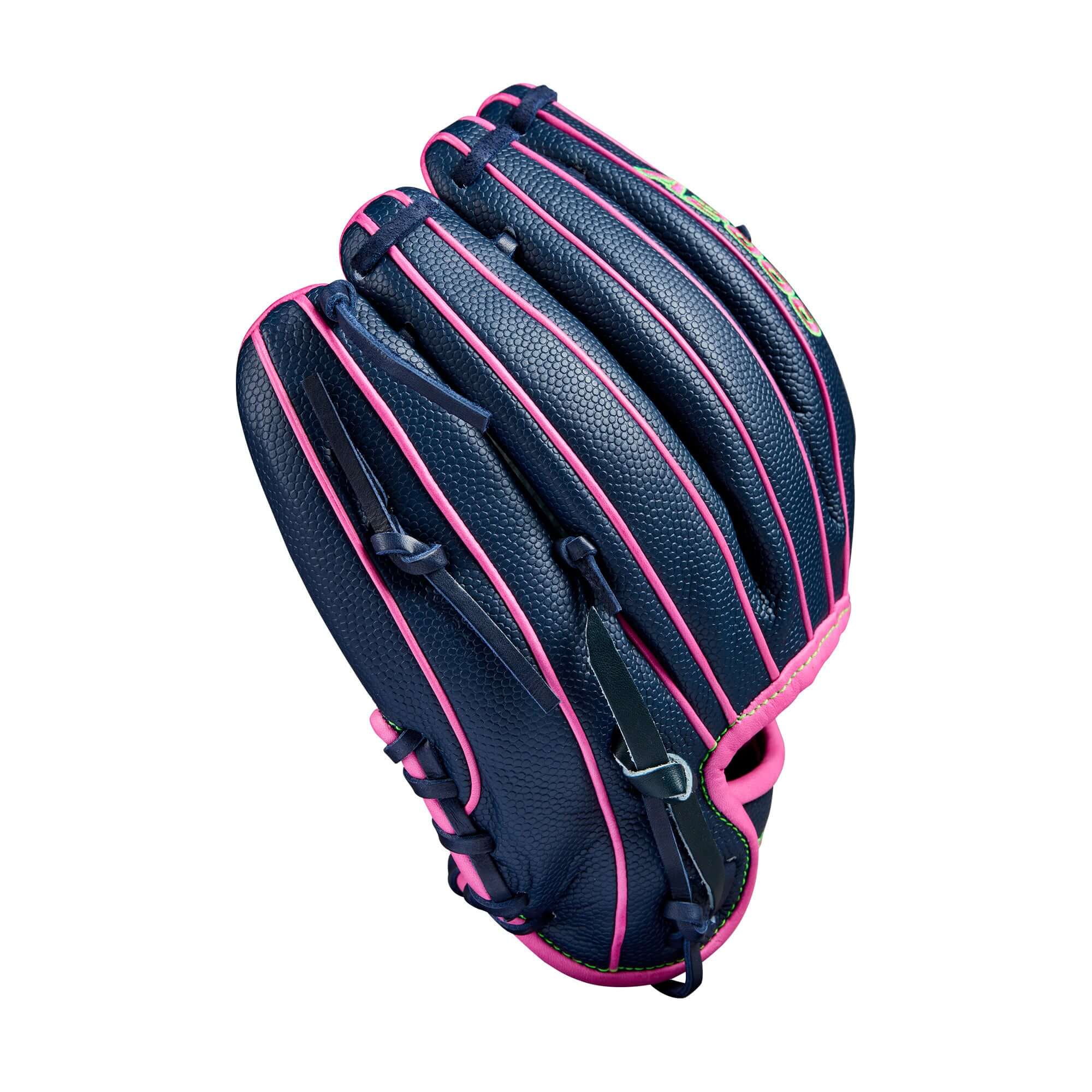 Wilson A2000 DP15SS glove in navy blue with pink accents, optimized for smaller hands and infield play.