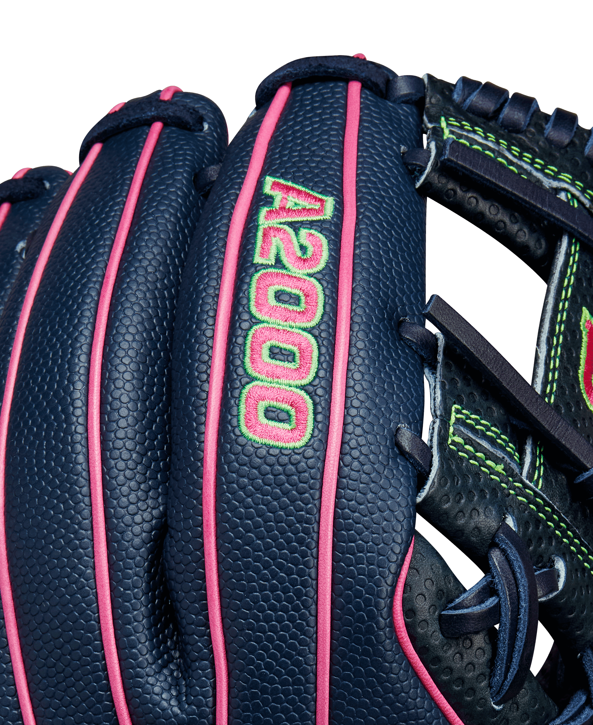 Close-up of Wilson A2000 DP15SS glove featuring navy, pink, and green colors, highlighting its Pedroia Fit Technology.