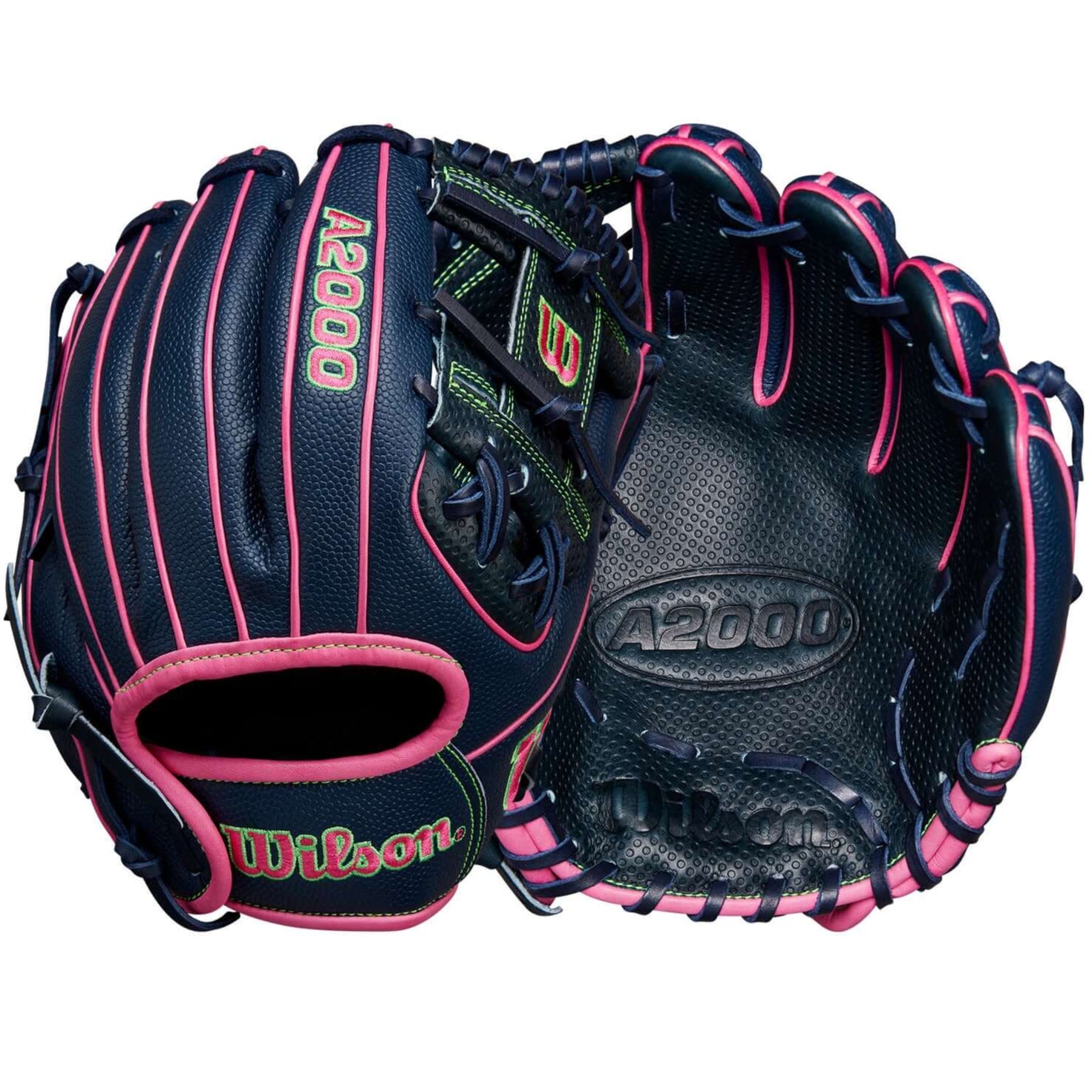 Wilson A2000 DP15SS glove in navy, pink, and green, designed for infielders with Pedroia Fit Technology.