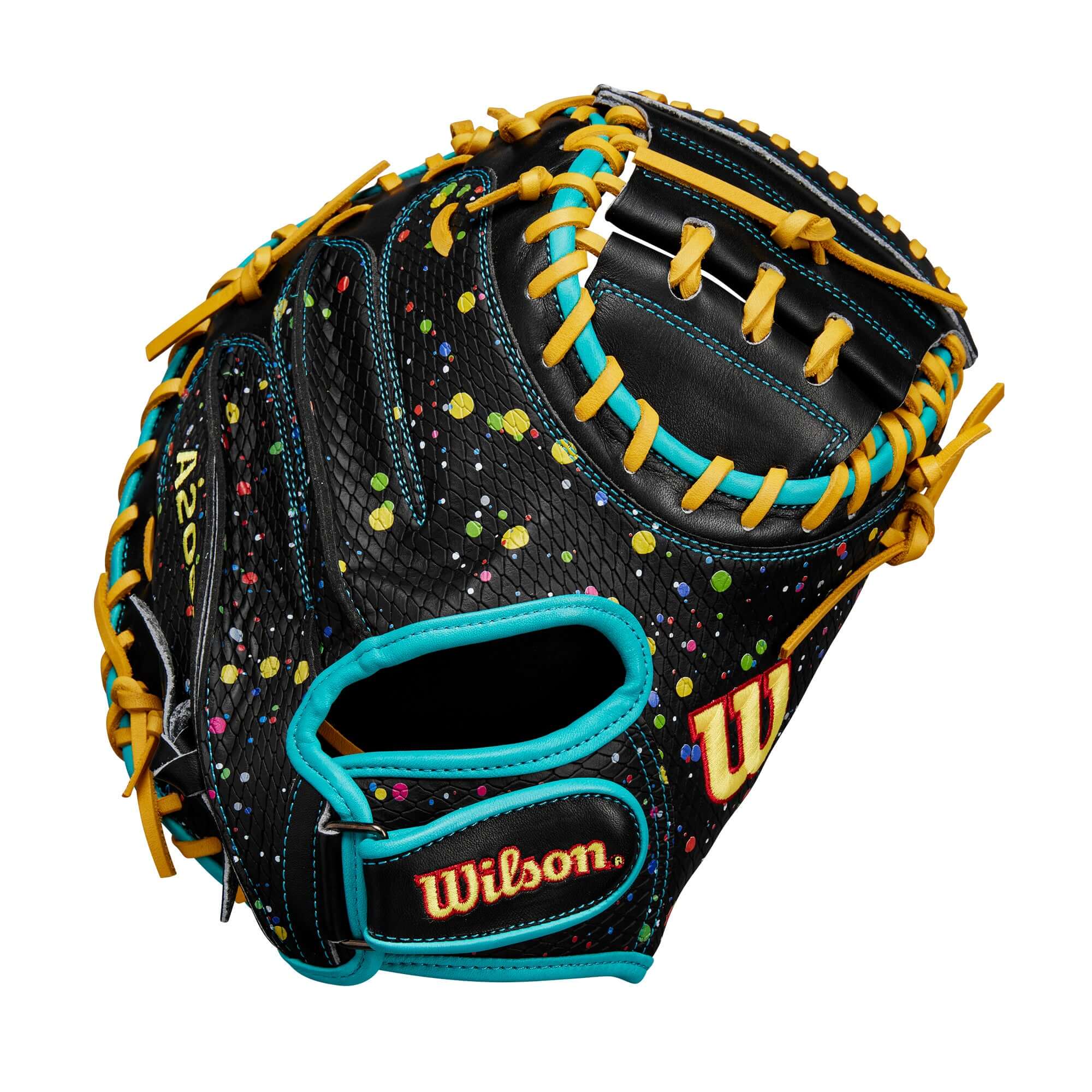 Back view of the Wilson A2000 PF33SS, featuring Black SuperSnakeSkin with a multi-color splatter print for lightweight durability.