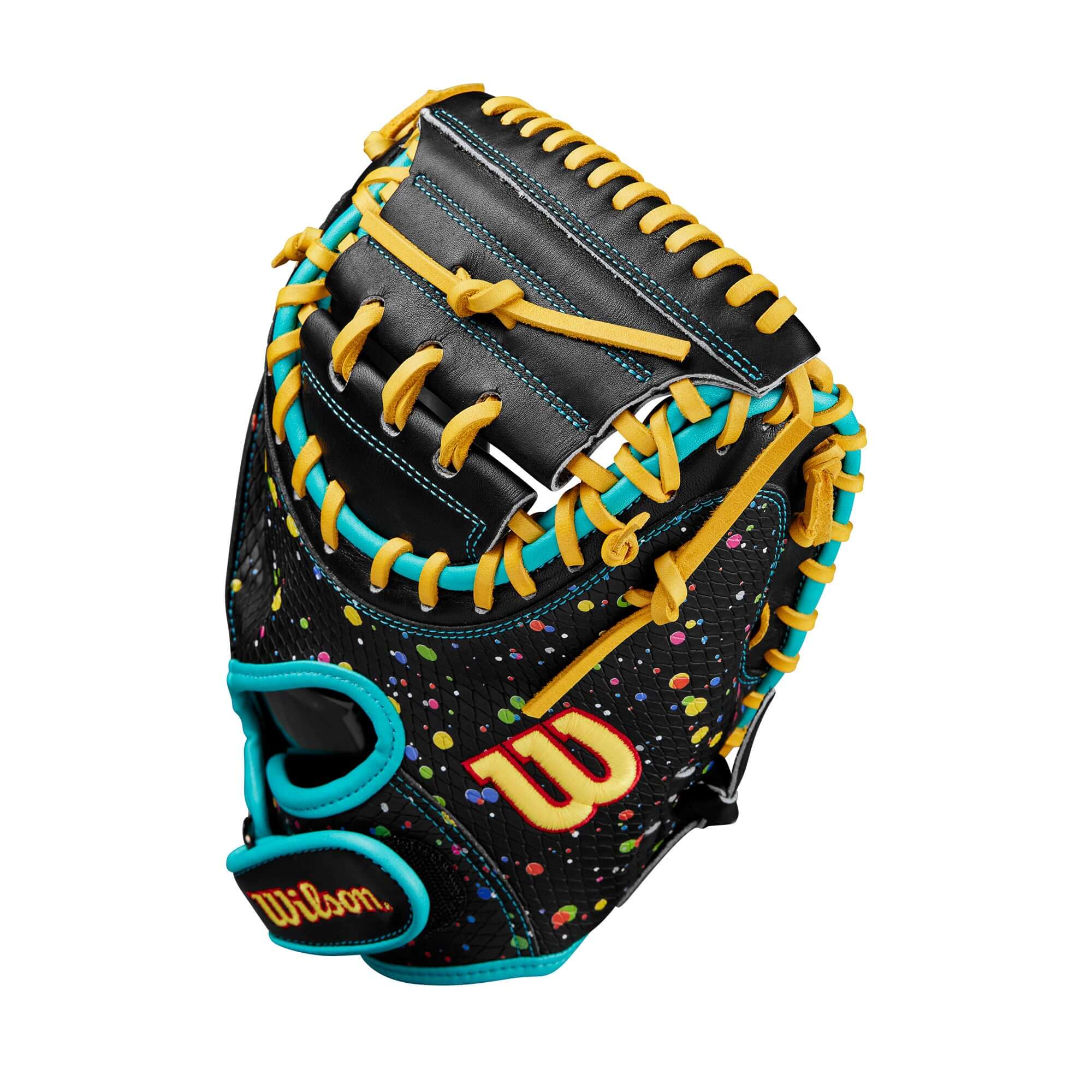Close-up on the left side and thumb area of the Wilson PF33SS mitt, highlighting the DriLex Wrist Lining for comfort and moisture control