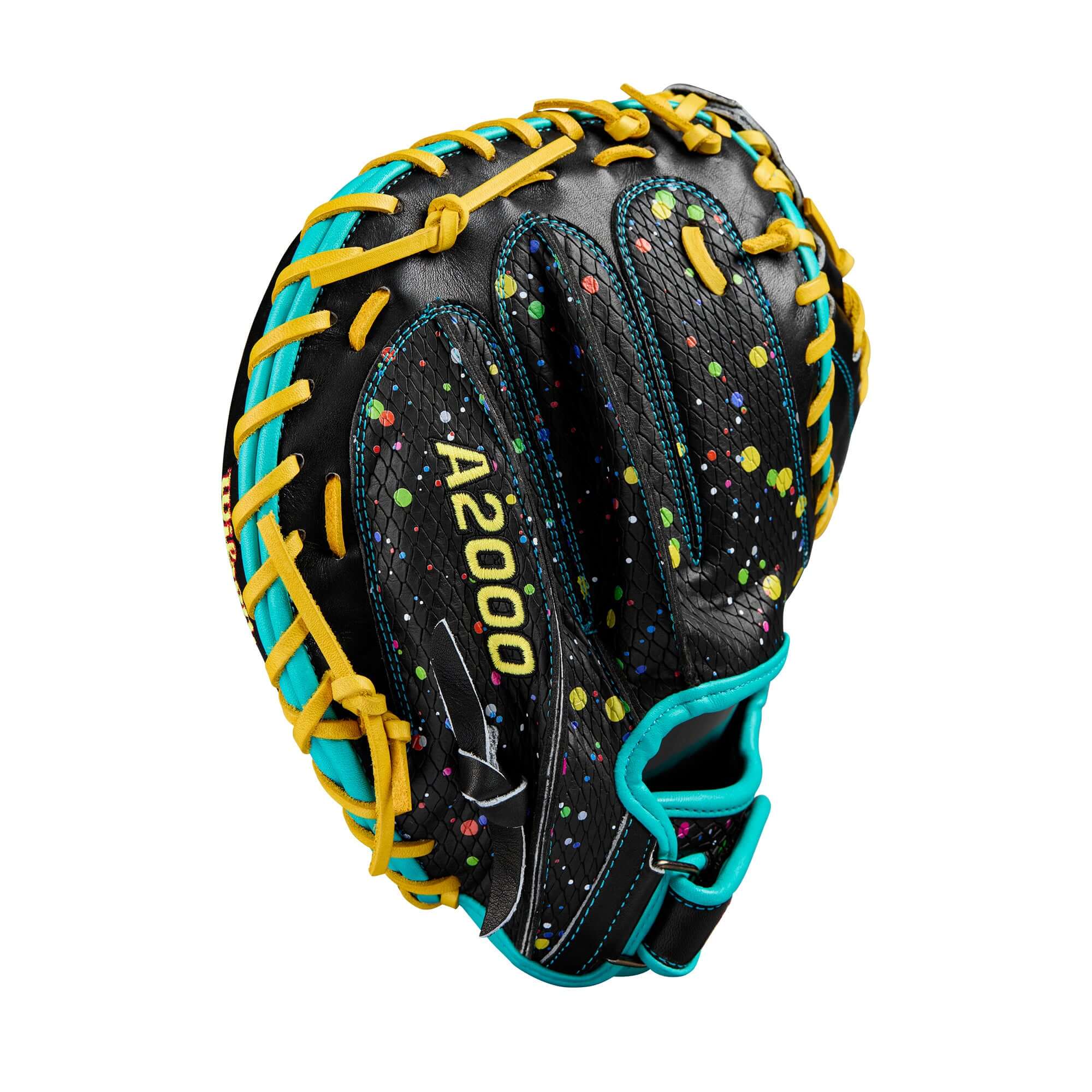 Right side and finger detail of the Wilson 33" catcher's mitt showcasing Flat Finger Binding for enhanced control and comfort