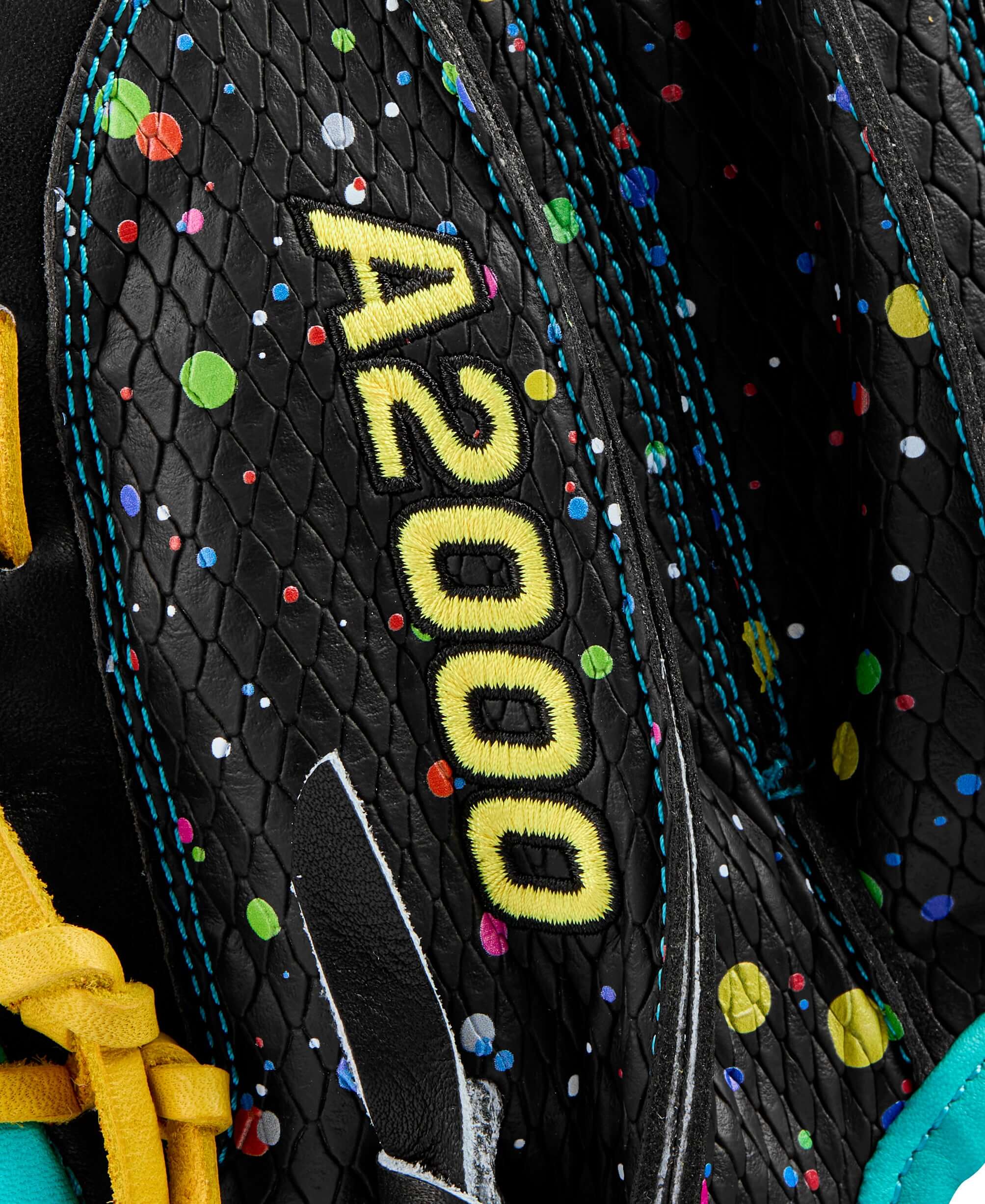 Close-up of Wilson A2000 baseball catcher's mitt showcasing colorful design and texture.