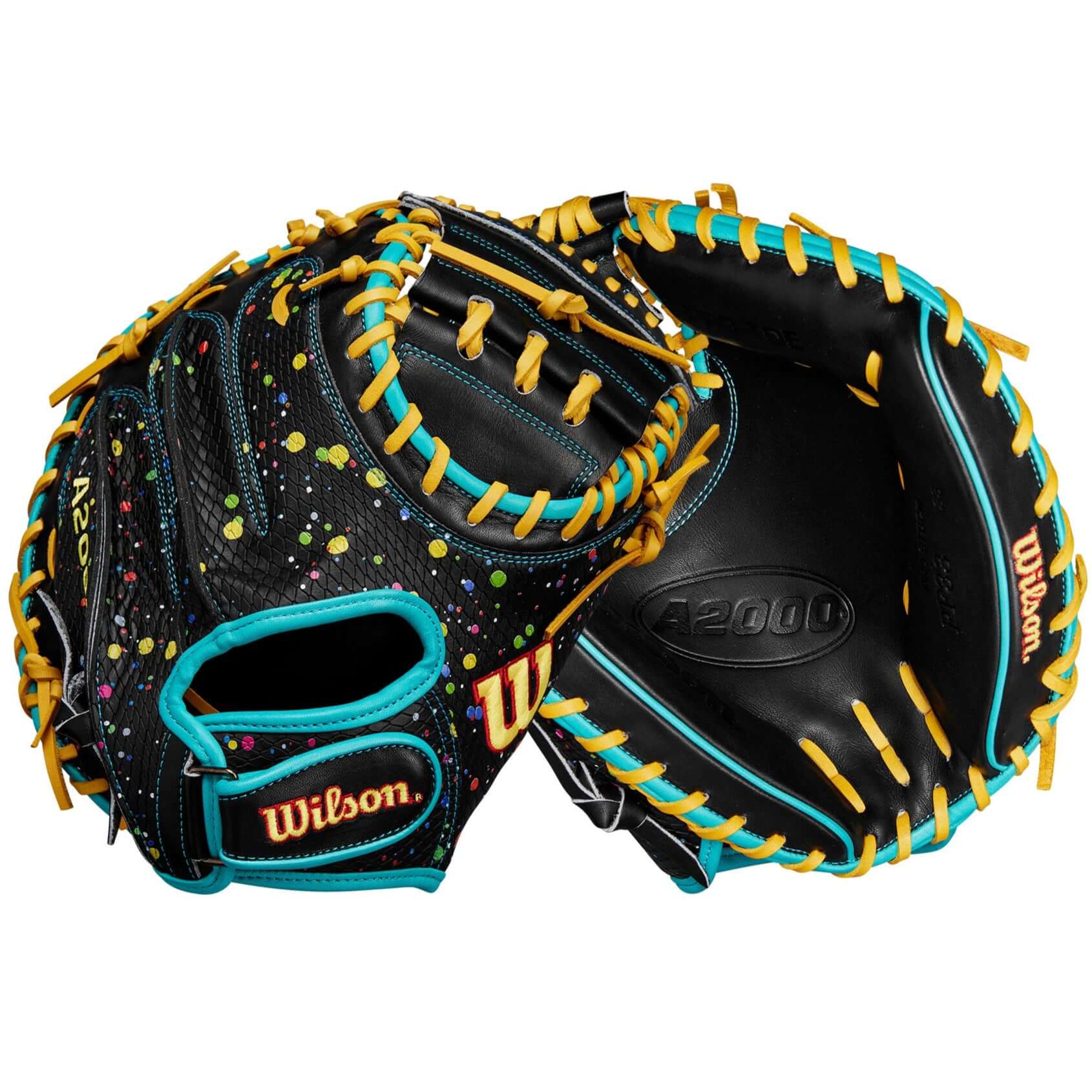 Back and palm view of the Wilson Spring 2025 A2000 PF33SS catcher's mitt with Pedroia Fit and Black Pro Stock leather