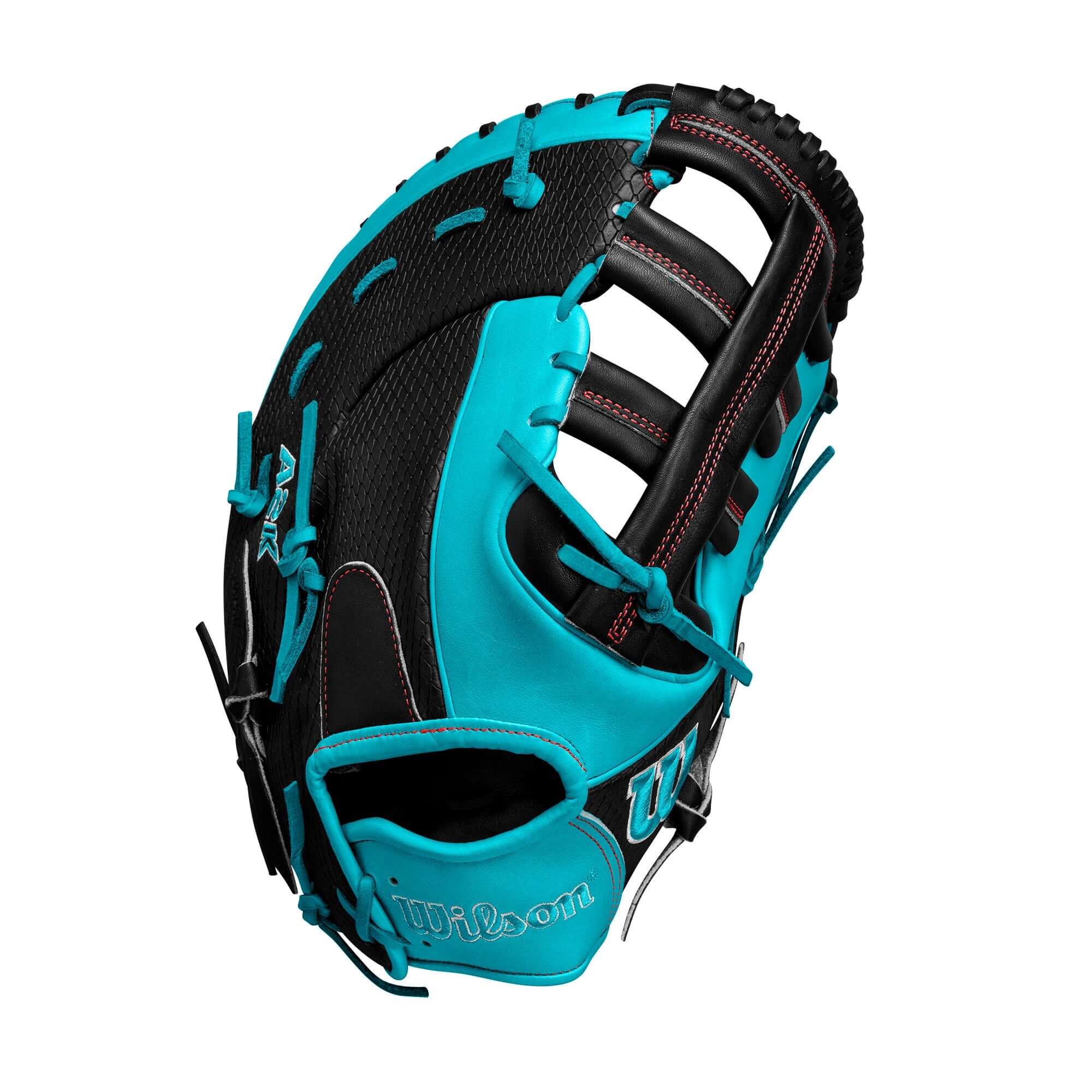 Wilson Spring 2025 A2K 1679CF Black/Teal first base mitt, 12.5" with modified wrist strap for better control.