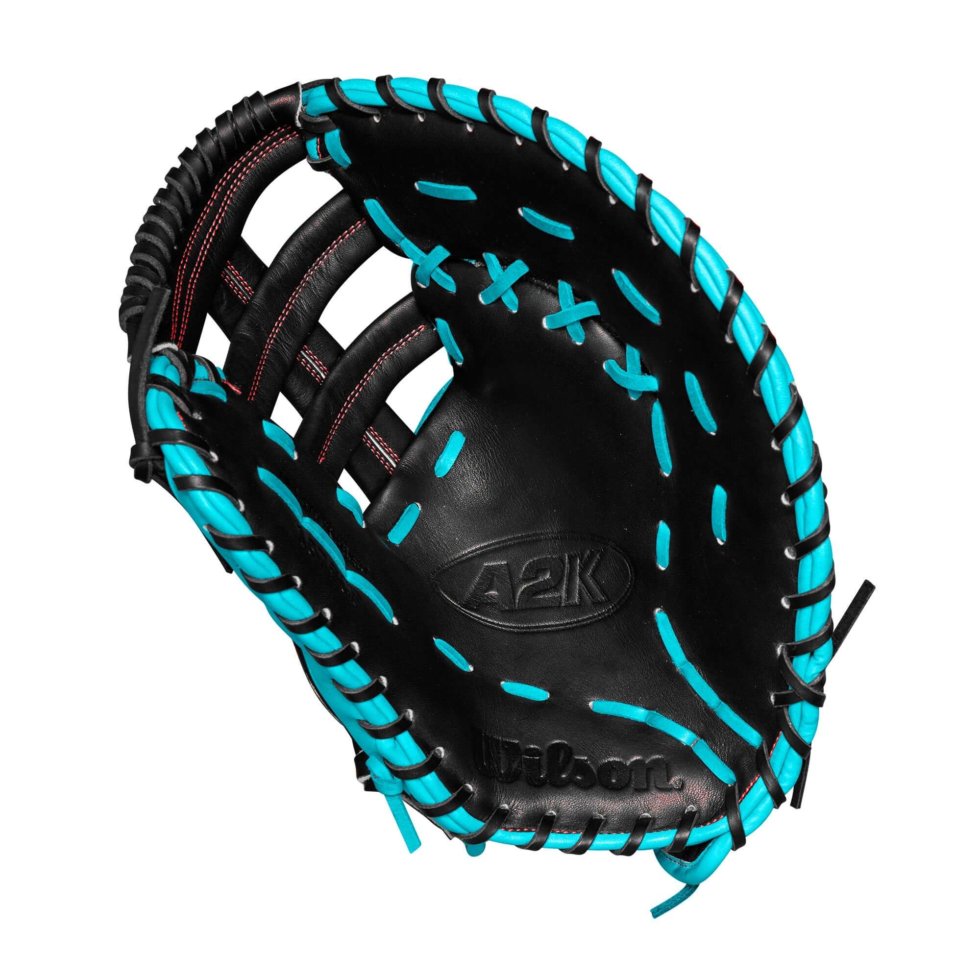 Wilson A2K 1679CF Black/Teal 12.5" first base mitt with modified wrist strap and reinforced welting.