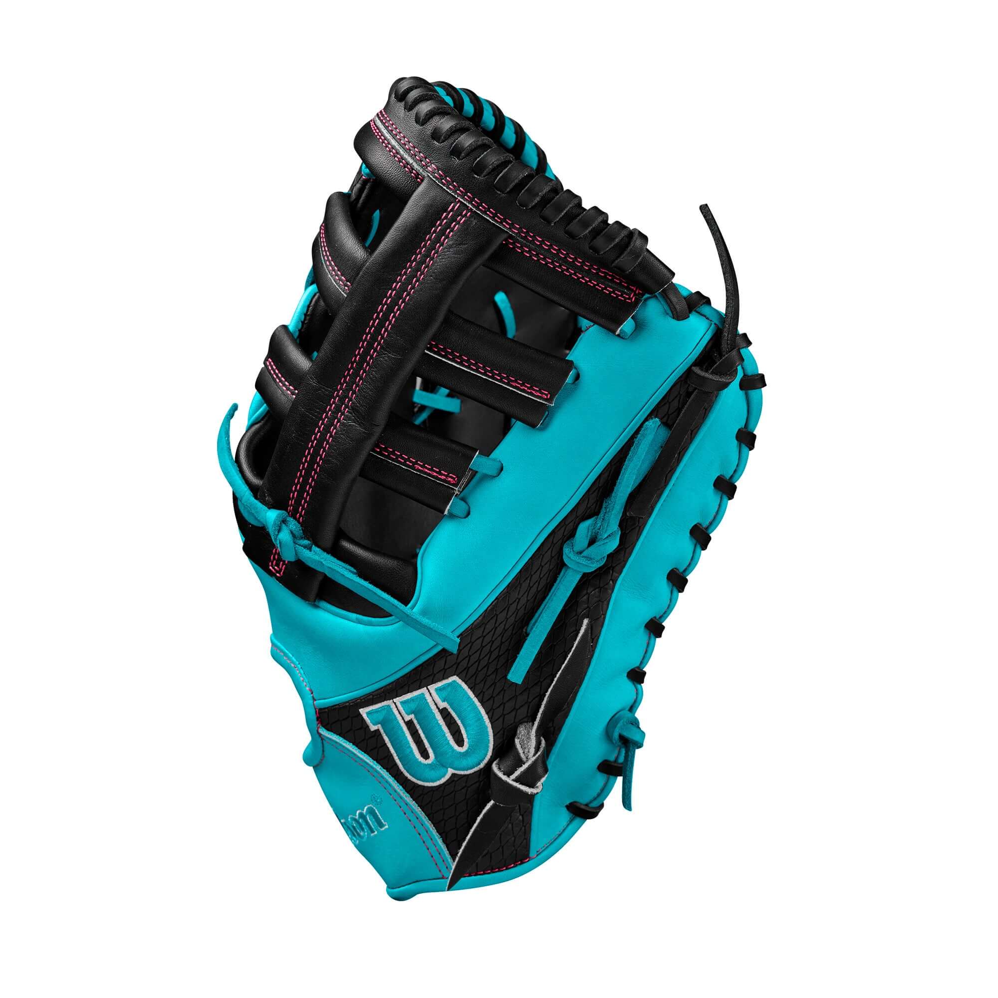 Wilson Spring 2025 A2K 1679CF Black/Teal 12.5" first base mitt with modified wrist strap and single post web design.