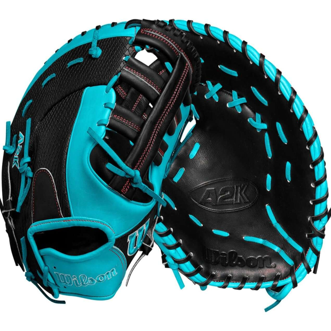Wilson A2K 1679CF Black/Teal 12.5" first base mitt with modified wrist strap and Single Post Web design.