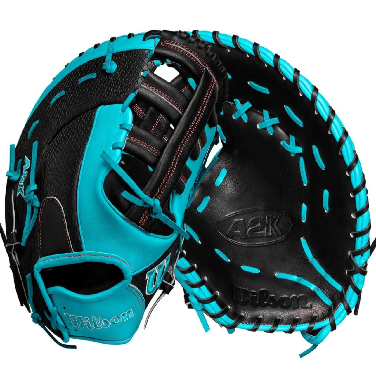 Wilson A2K 1679CF Black/Teal 12.5" left-handed glove showcasing Pro Stock leather and SuperSnakeSkin design.