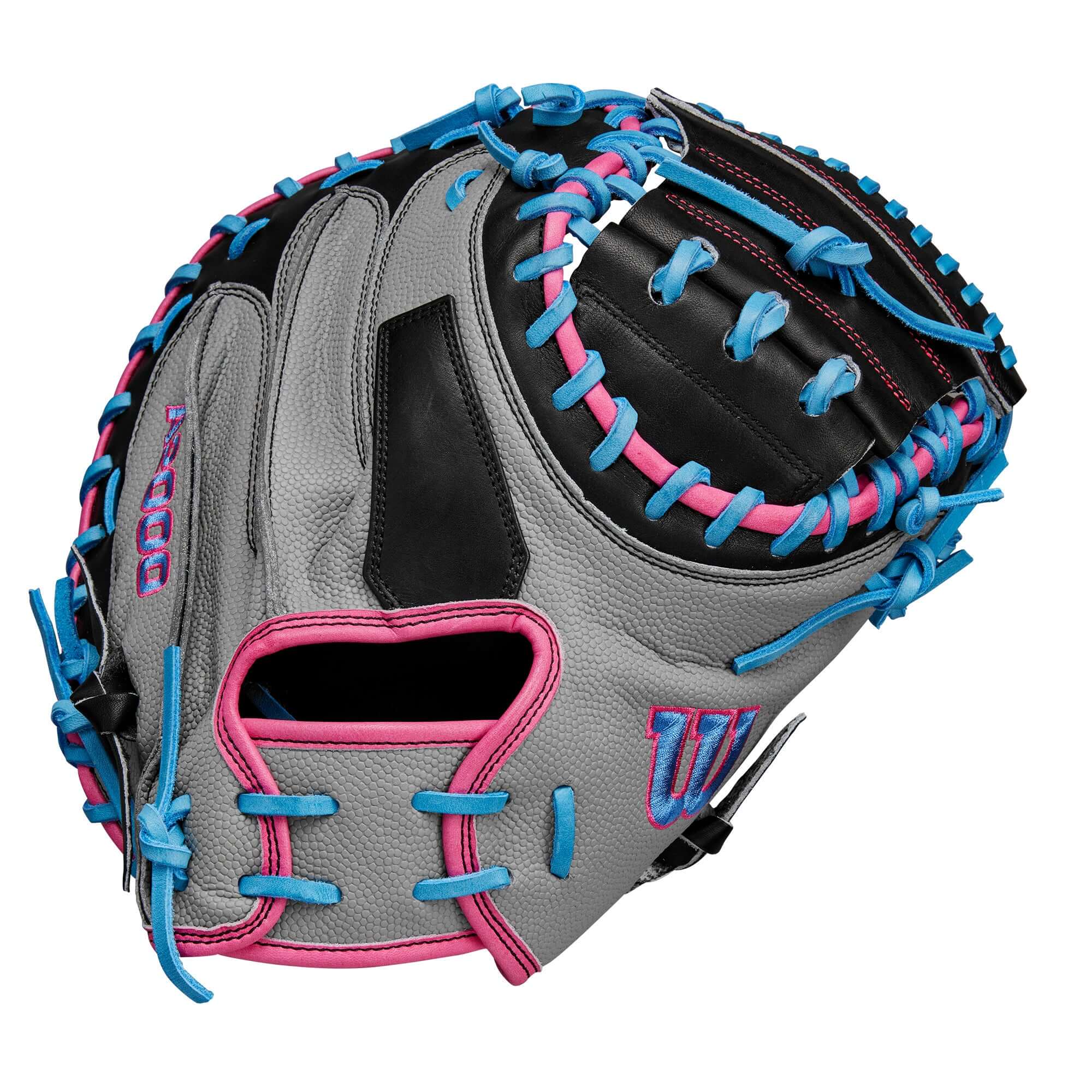 Wilson A2000 M23CMSS catcher's mitt in gray, black, pink, and blue, designed for optimal pitch framing and catching.