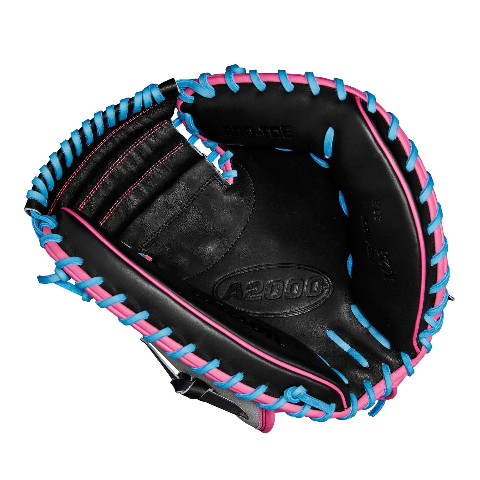 Wilson A2000 M23 CMSS catcher’s mitt interior view showcasing black leather and colorful stitching.