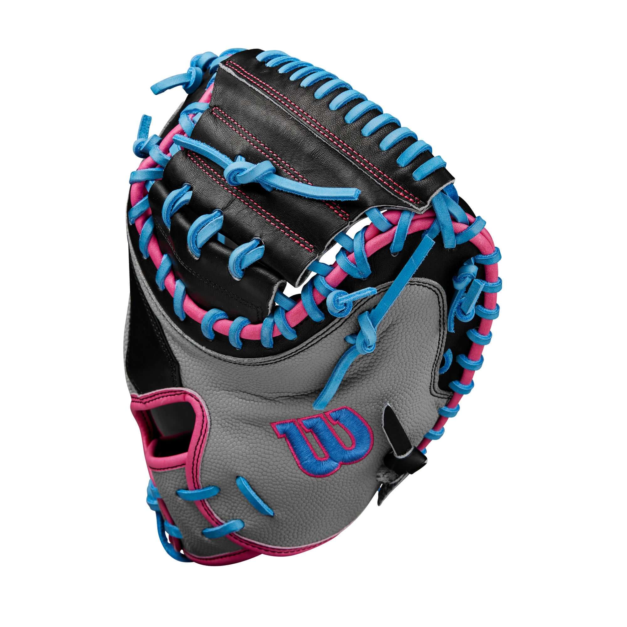 Wilson A2000 M23SS catcher’s mitt in gray, black, and pink with blue lacing for optimal pitch framing.