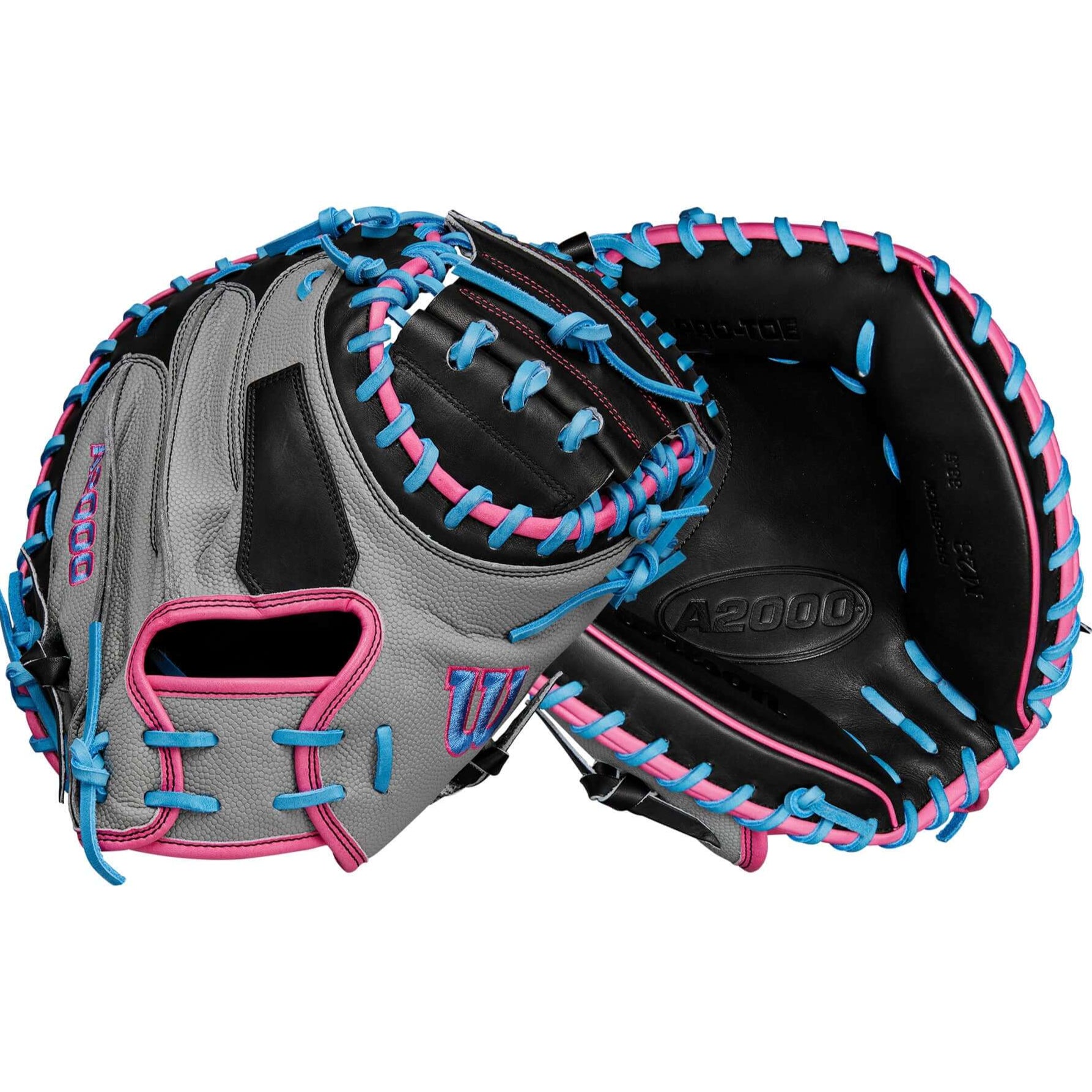 Wilson A2000 M23CMSS catcher’s mitt in grey with pink and blue accents, designed for optimal catching and pitch framing.