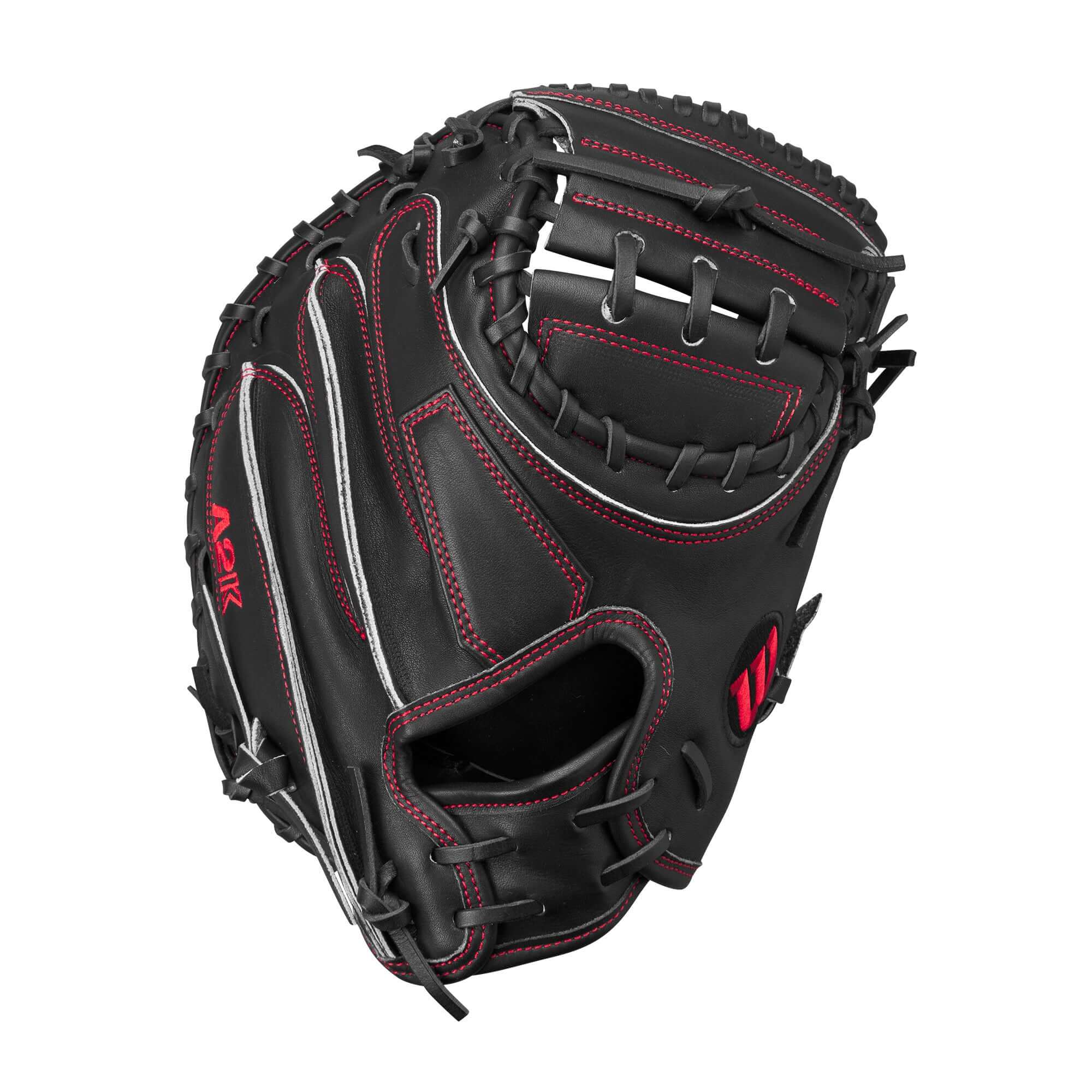 Wilson A2K CW12 33.5" catcher’s mitt in black with red stitching for optimal pitch control.