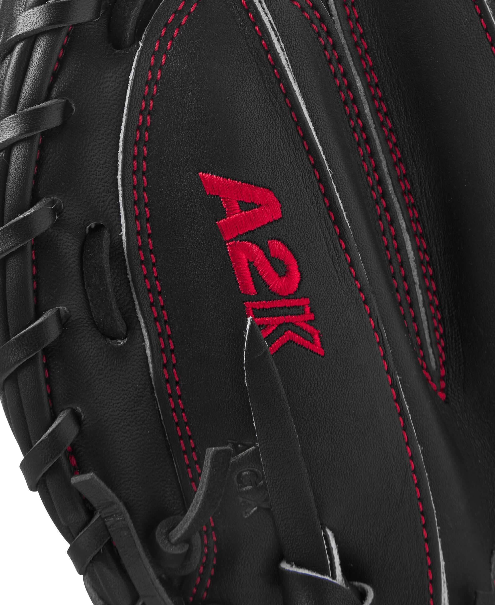 Close-up of Wilson A2K CW12 Catcher's Mitt showcasing the red A2K logo and detailed stitching.