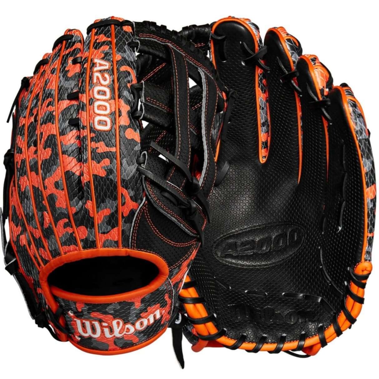 Wilson A2000 1777 glove in orange, black, and grey camouflage with a dual post web design, perfect for outfield play.