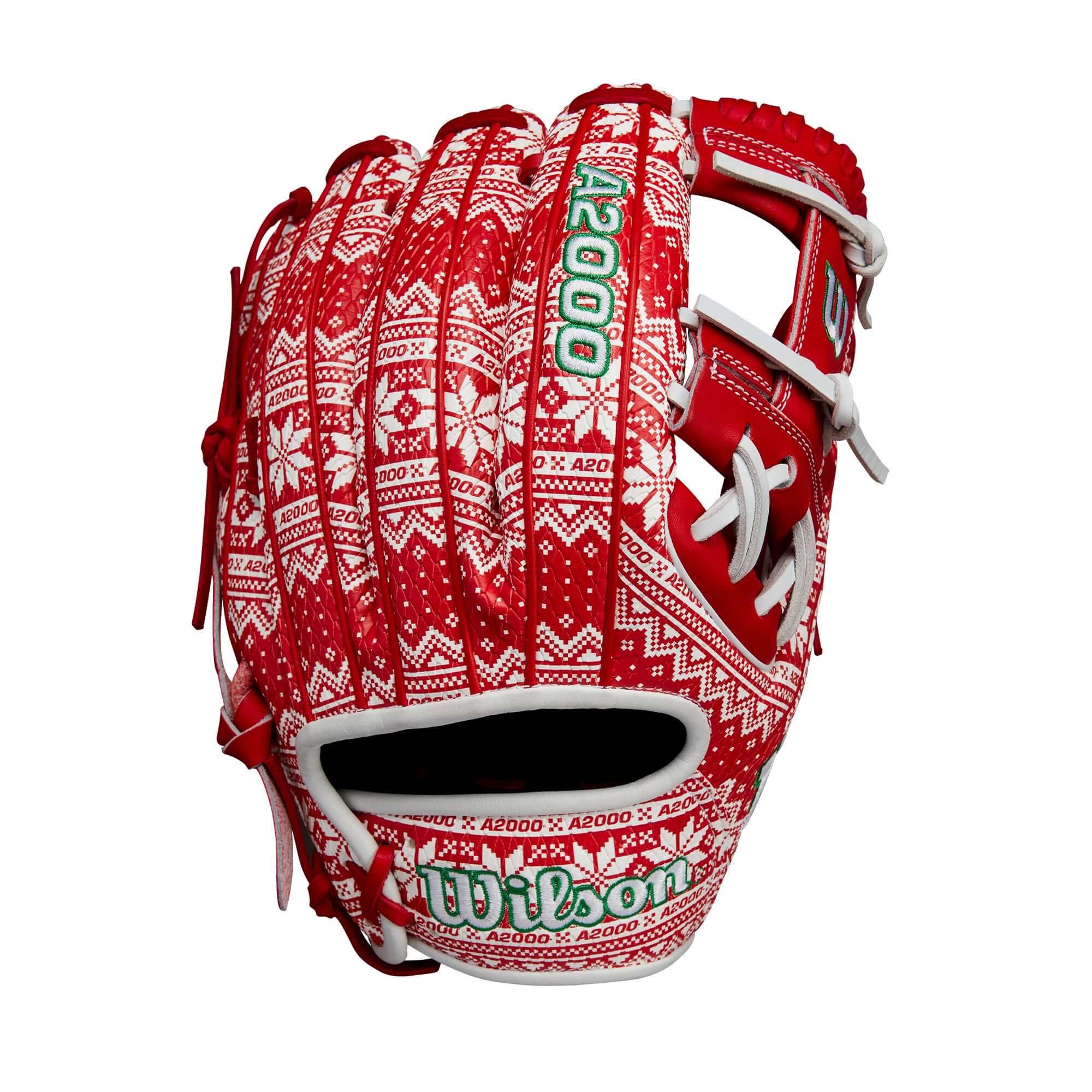 Wilson A2000 1975 Red glove with Holiday Sweater design, featuring SuperSnakeSkin™ and Pro Stock® leather, 11.75” infield size.
