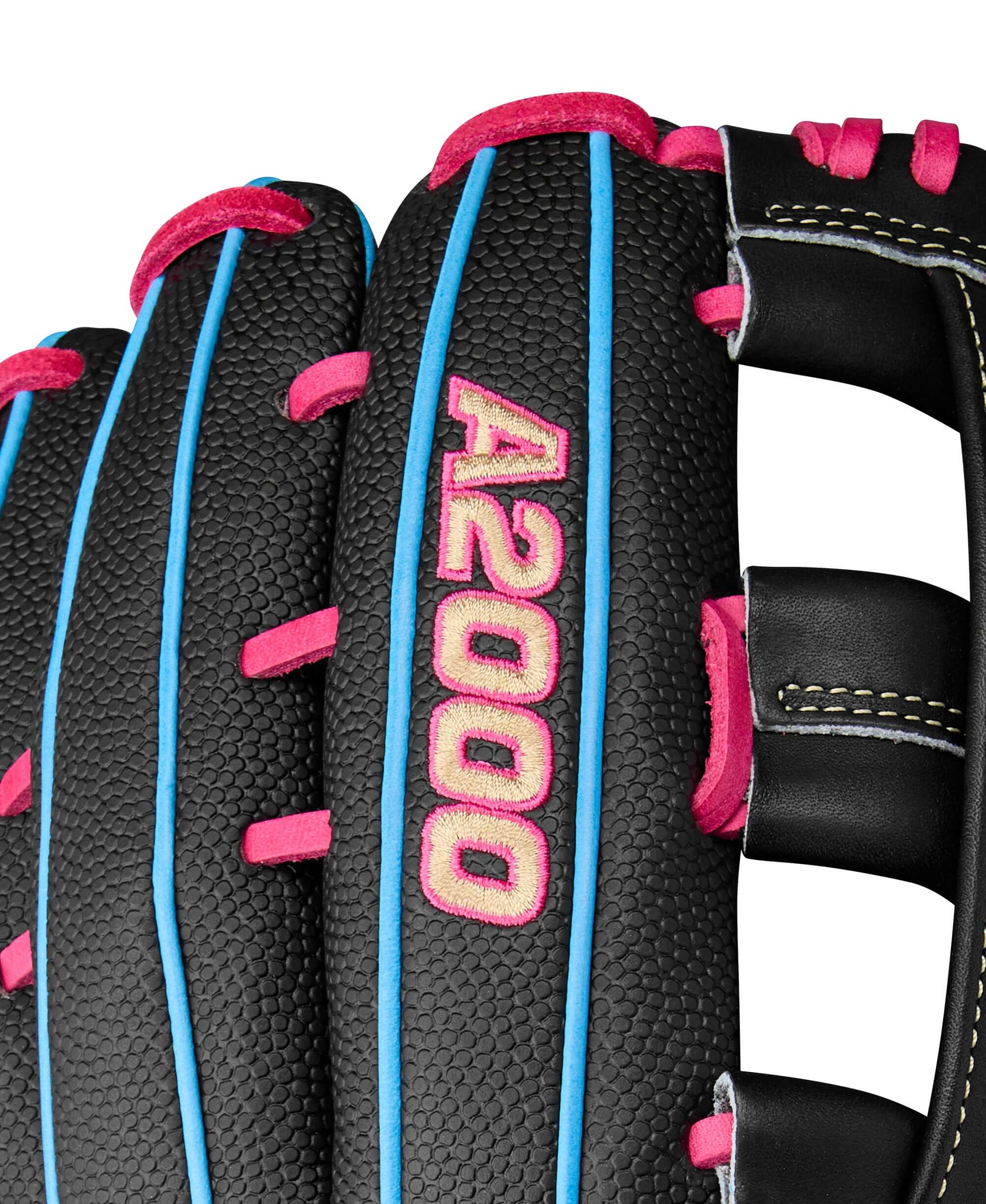 Detailed view of finger area displaying classic A2000 logo with premium Pro Stock® leather texture and finish.