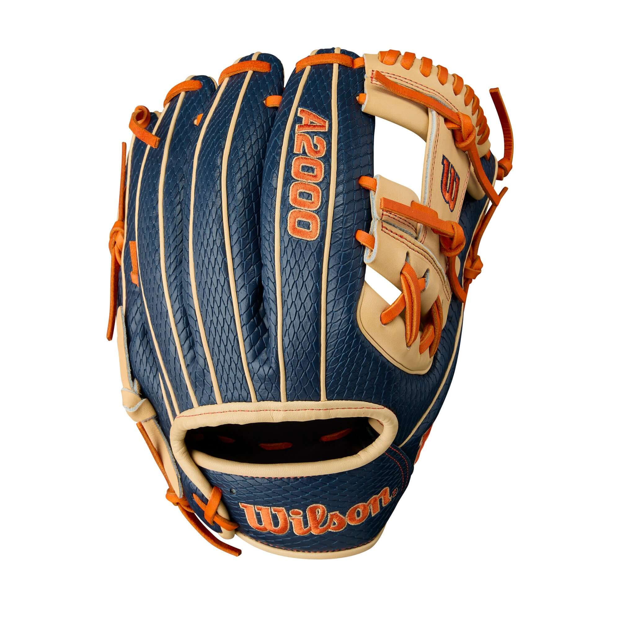 Wilson A2000 Jose Altuve Game Model baseball glove in navy, blonde, and orange, 11.5" in size for infield play.