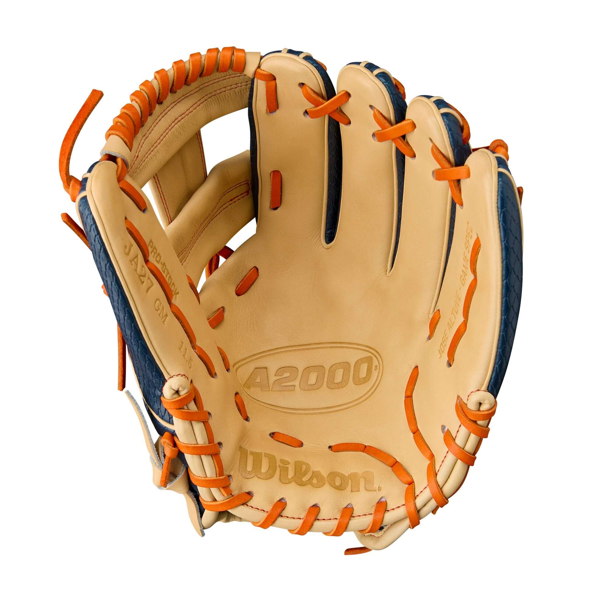 Wilson A2000 Jose Altuve Game Model infield baseball glove in navy, blonde, and orange, 11.5" design for optimal performance.
