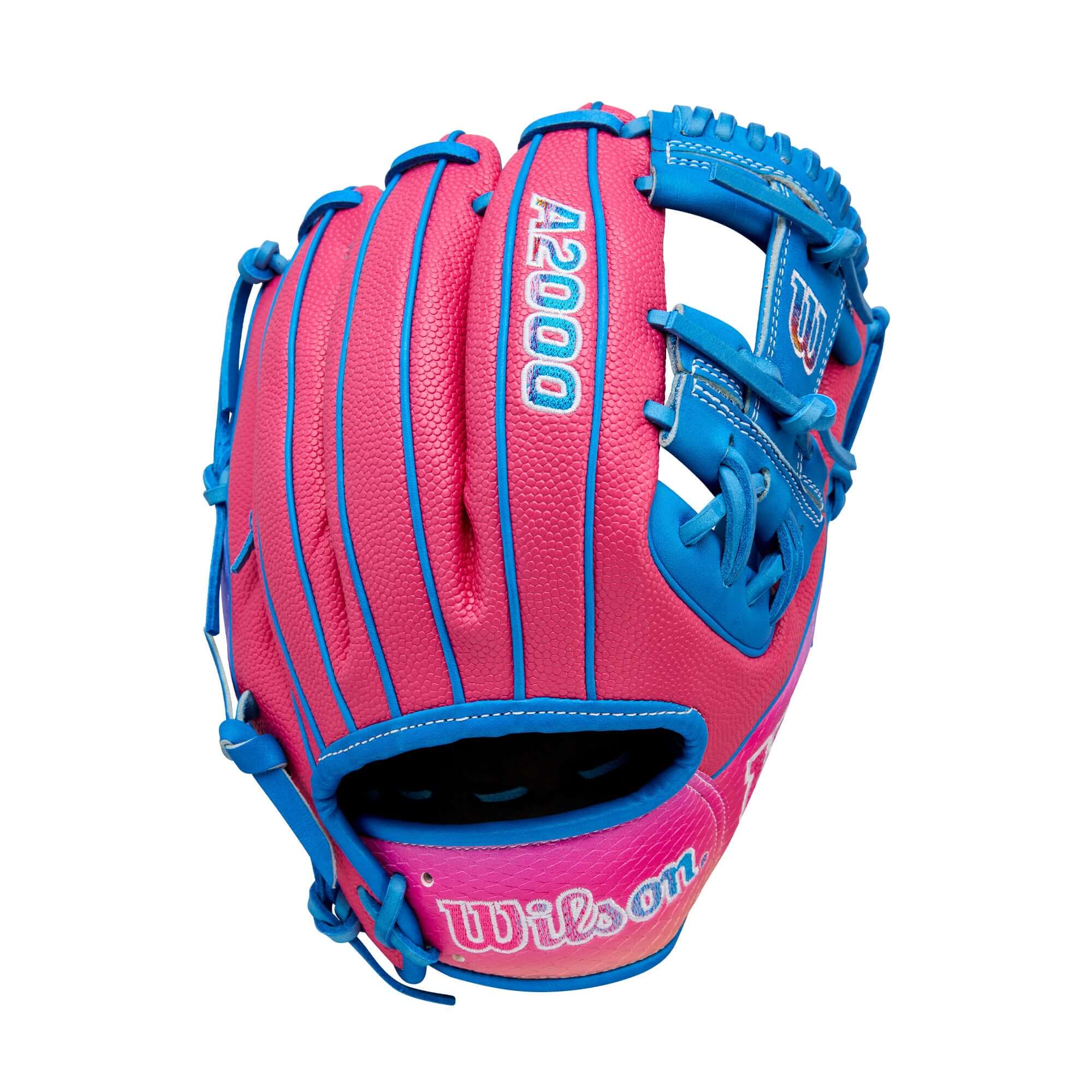Wilson A2000 1786SS infield baseball glove in Flamingo Pink and blue for quick-handed players.