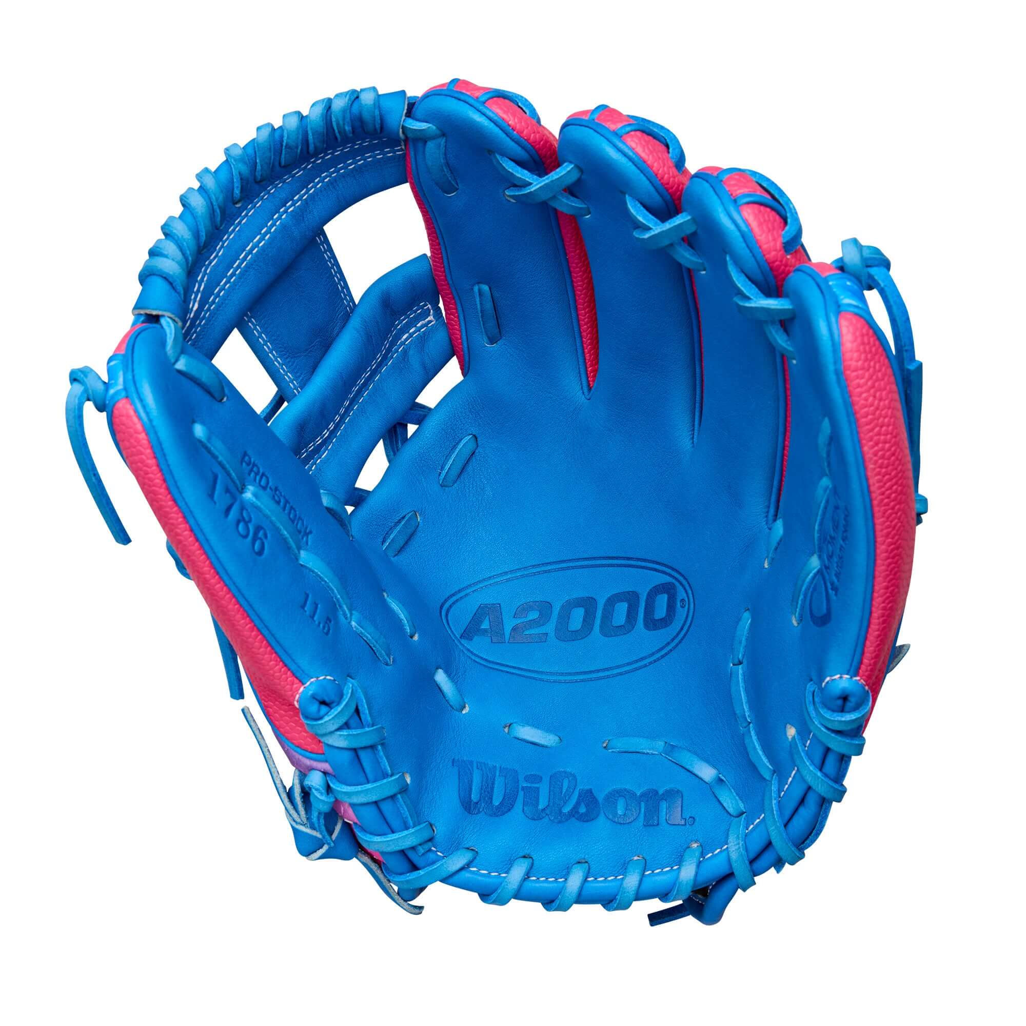 Wilson A2000 1786SS infield baseball glove in blue and pink, designed for quick-handed players.