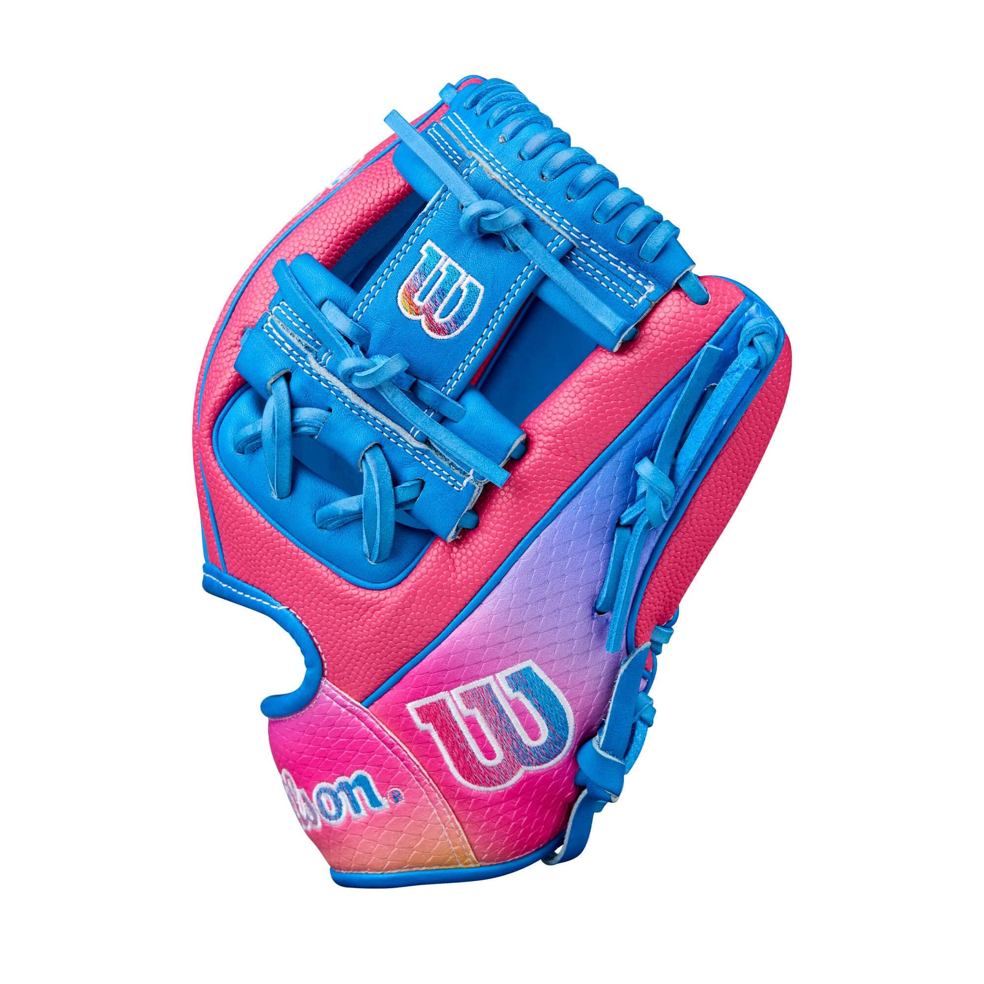 Wilson 2025 Love the Moment A2000 1786SS 11.5" infield baseball glove in blue and flamingo pink.