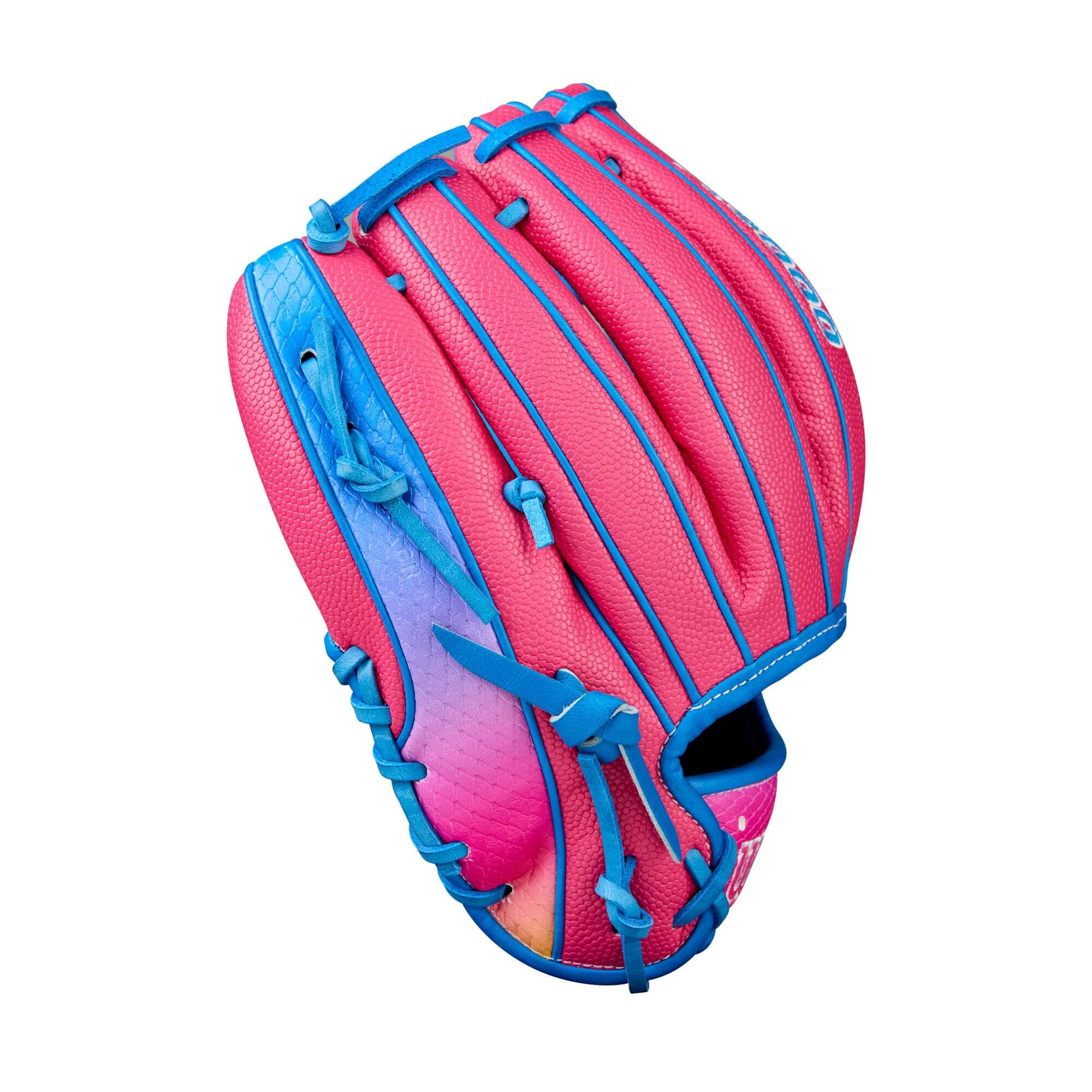 Wilson 2025 Love the Moment A2000 1786SS 11.5" infield baseball glove in Flamingo Pink and blue tones.