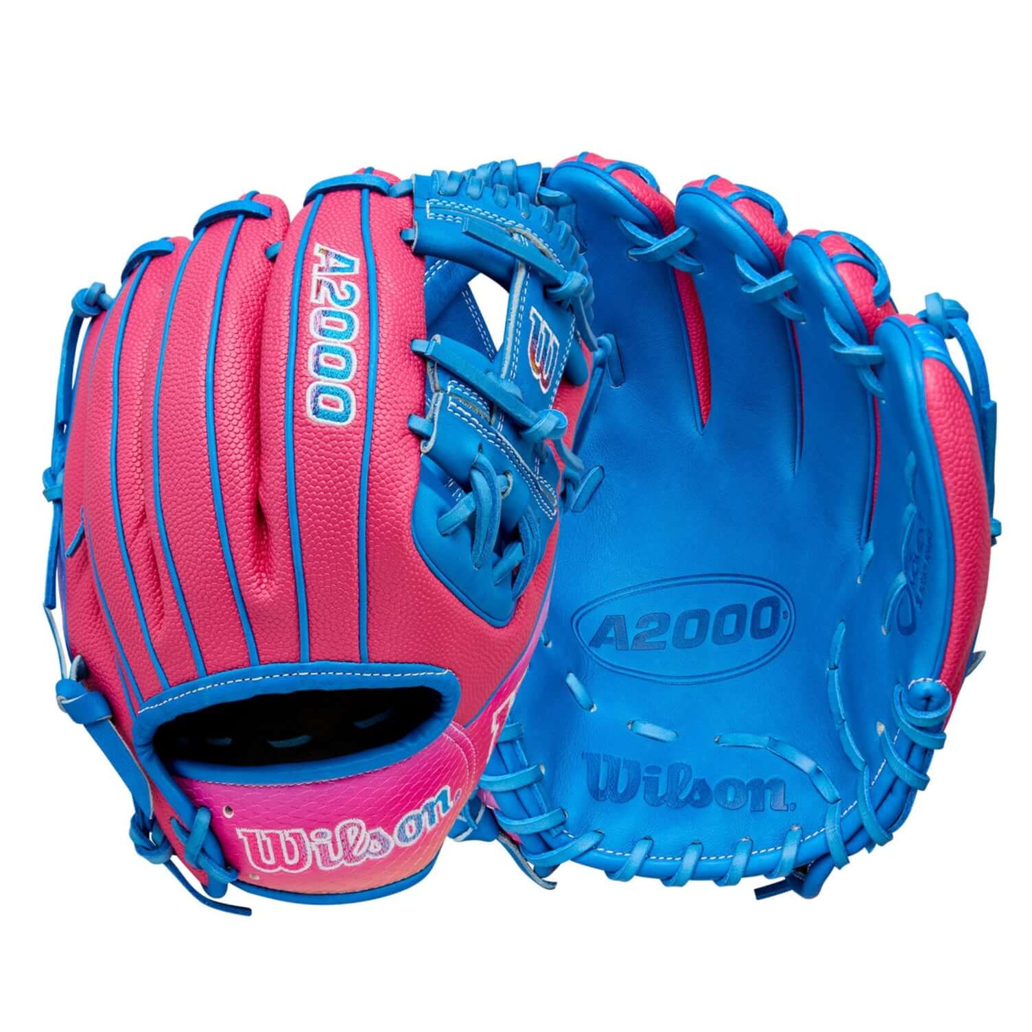 Wilson 2025 Love the Moment A2000 1786SS infield baseball glove in Flamingo Pink and blue.