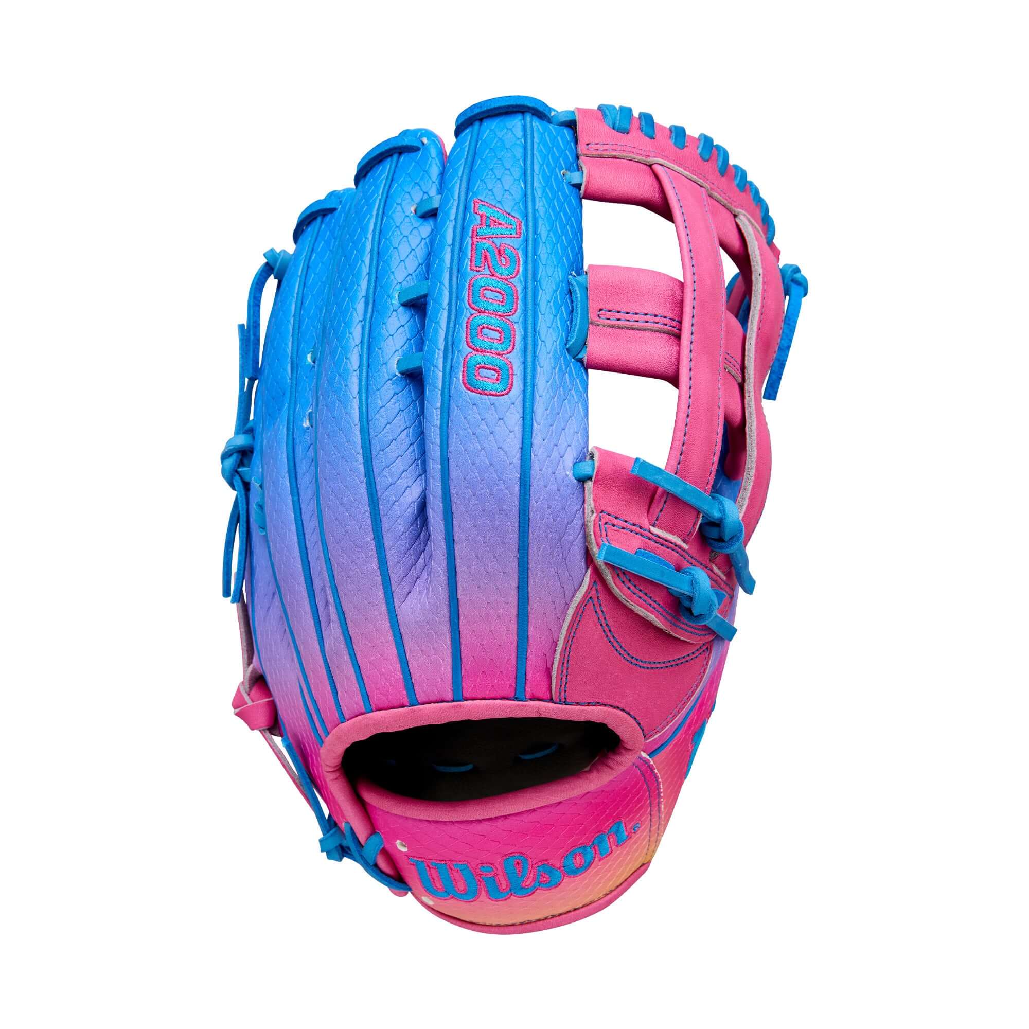Wilson 2025 Love the Moment A2000 1777SS outfield baseball glove in pink and blue, 12.75 inches.