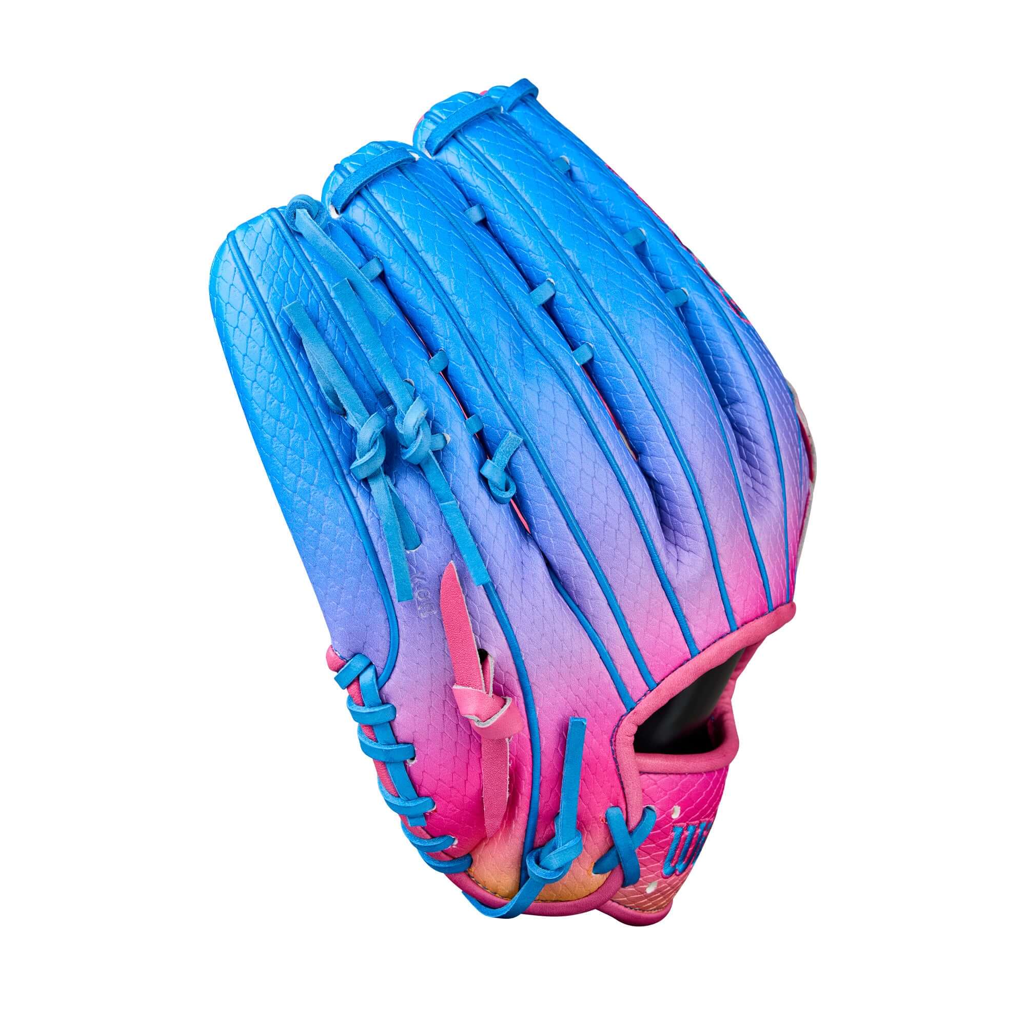 Wilson 2025 Love the Moment A2000 1777SS 12.75" outfield baseball glove in pink and blue gradient.