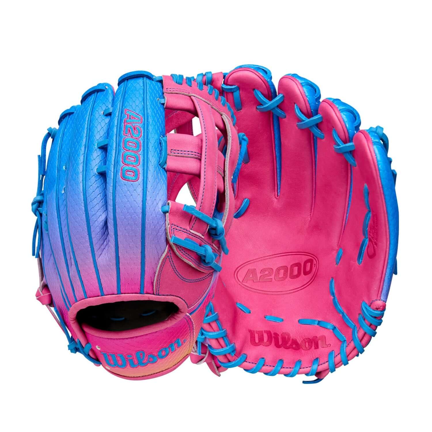 Wilson A2000 Love the Moment glove in flamingo pink and blue, 12.75" designed for outfield baseball.