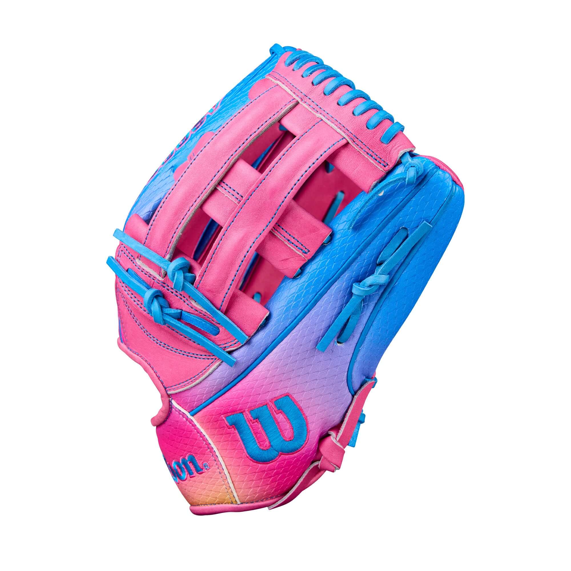 Wilson 2025 Love the Moment A2000 1777SS outfield baseball glove, 12.75", Flamingo Pink and blue design.