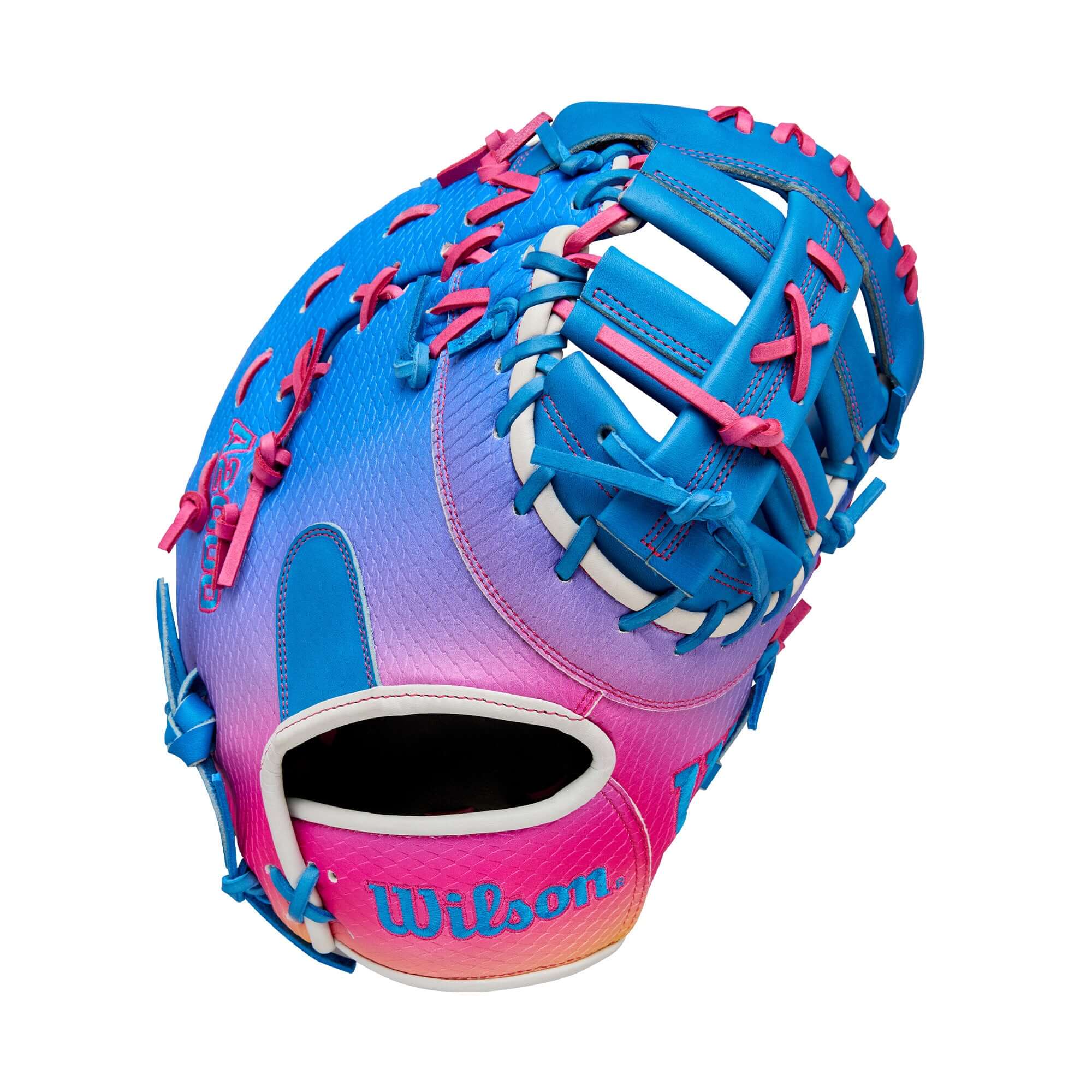 Wilson 2025 Love the Moment A2000 1612SS baseball first base mitt in blue and pink color scheme.