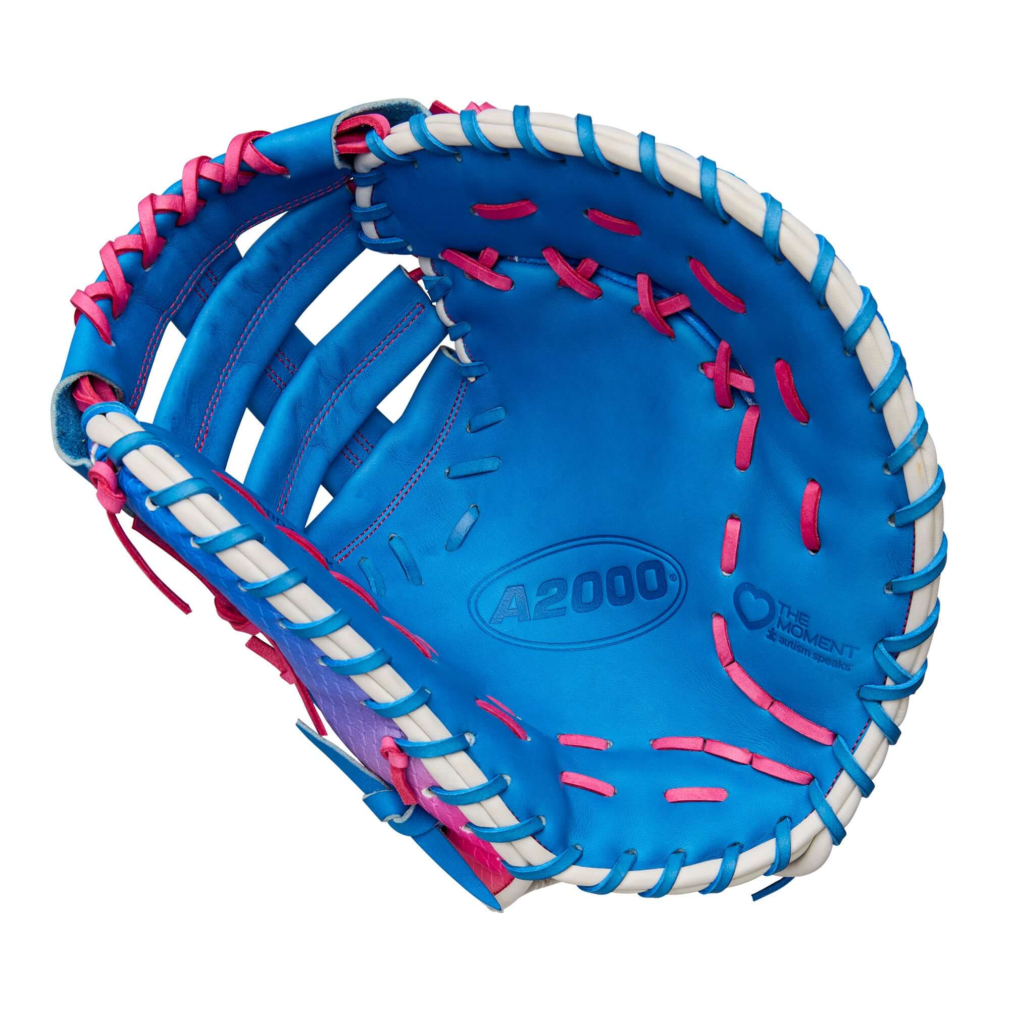 Wilson 2025 Love the Moment A2000 1612SS baseball mitt with vibrant blue and pink design, ideal for first base play.
