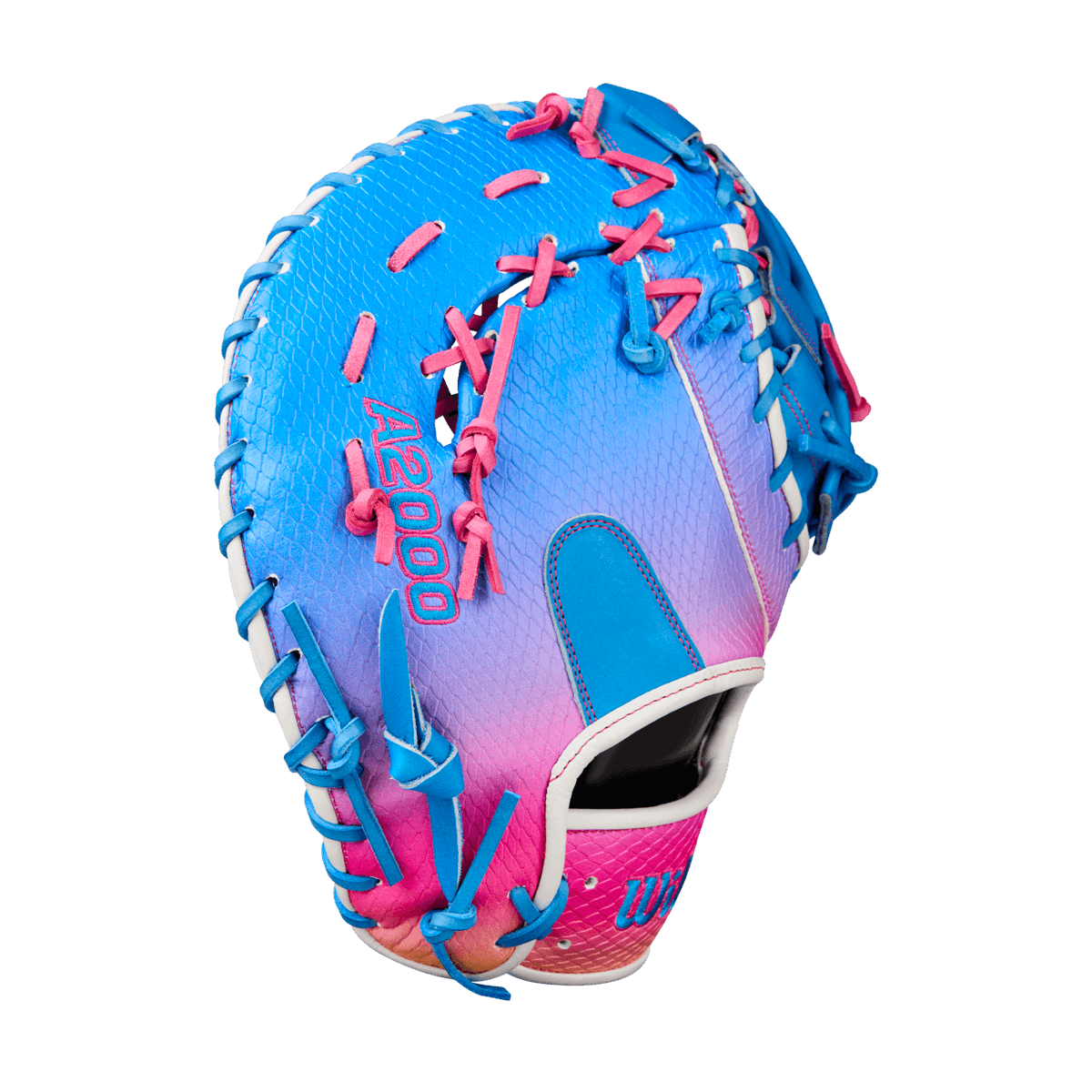 Wilson A2000 Love the Moment 12" first base mitt in blue and pink design, featuring a Single Post Web.