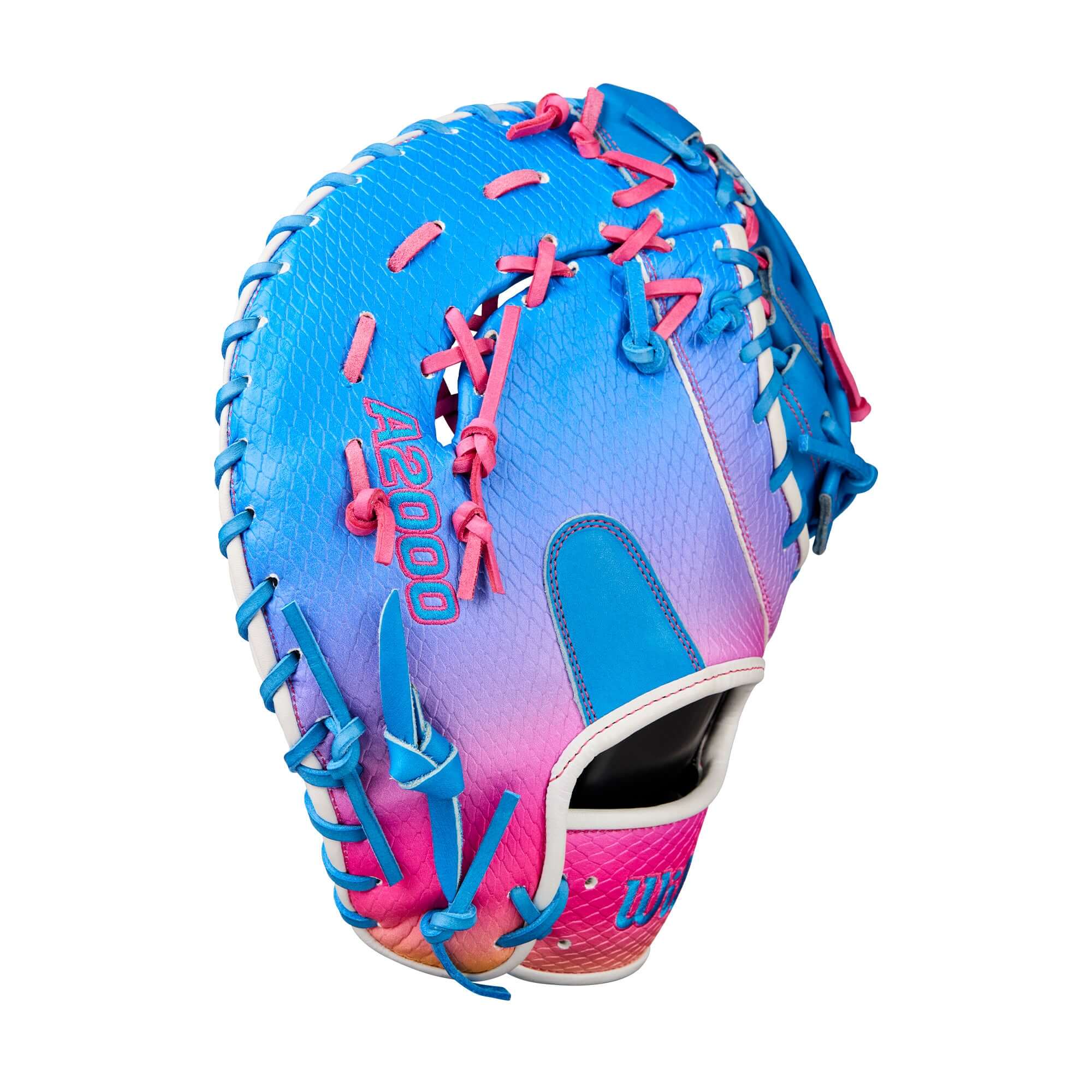 Wilson 2025 Love the Moment A2000 1612SS first base mitt in vibrant blue and pink colors.