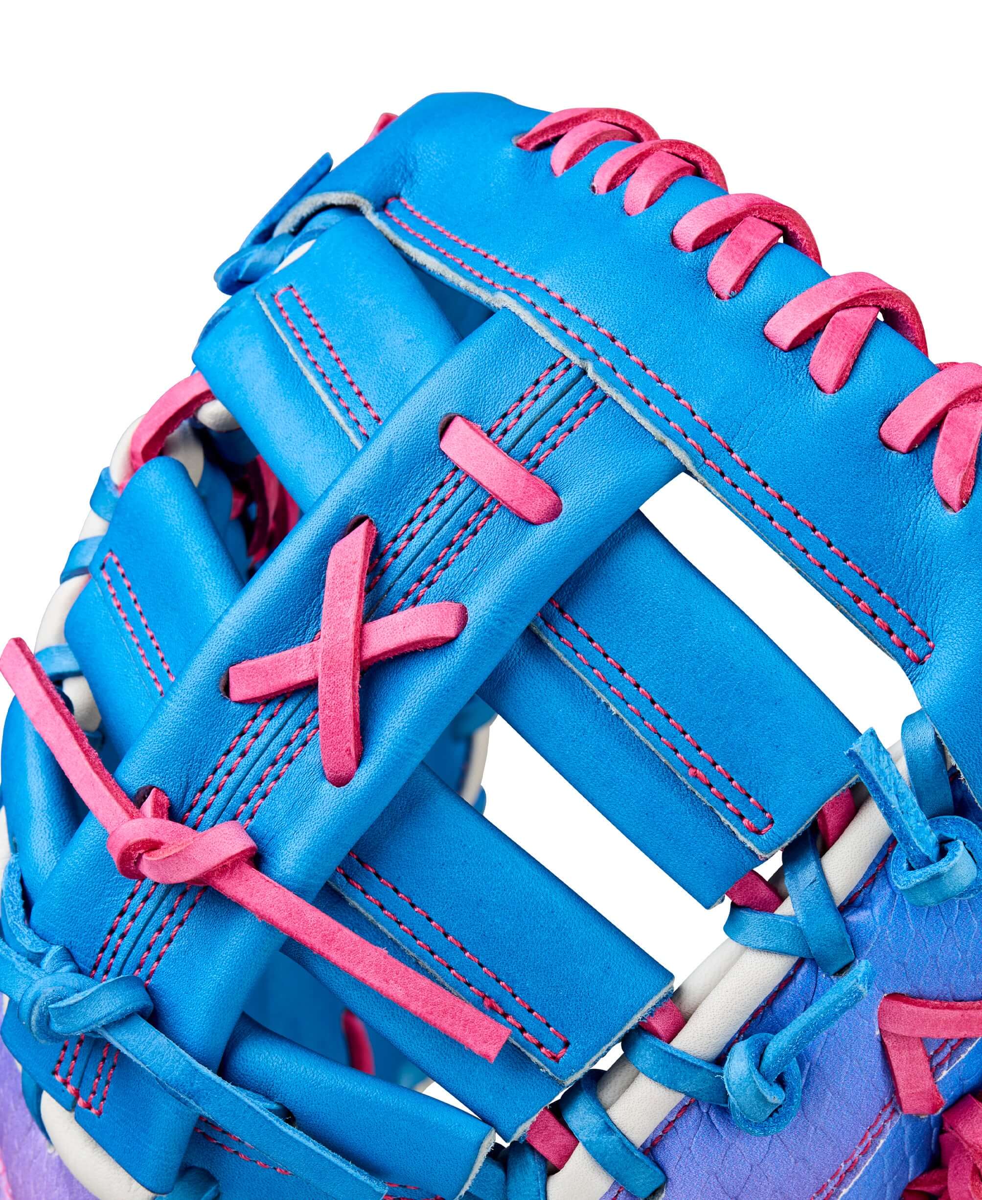 Close-up of the Wilson A2000 1612SS baseball mitt showcasing vibrant blue and pink leather design elements.
