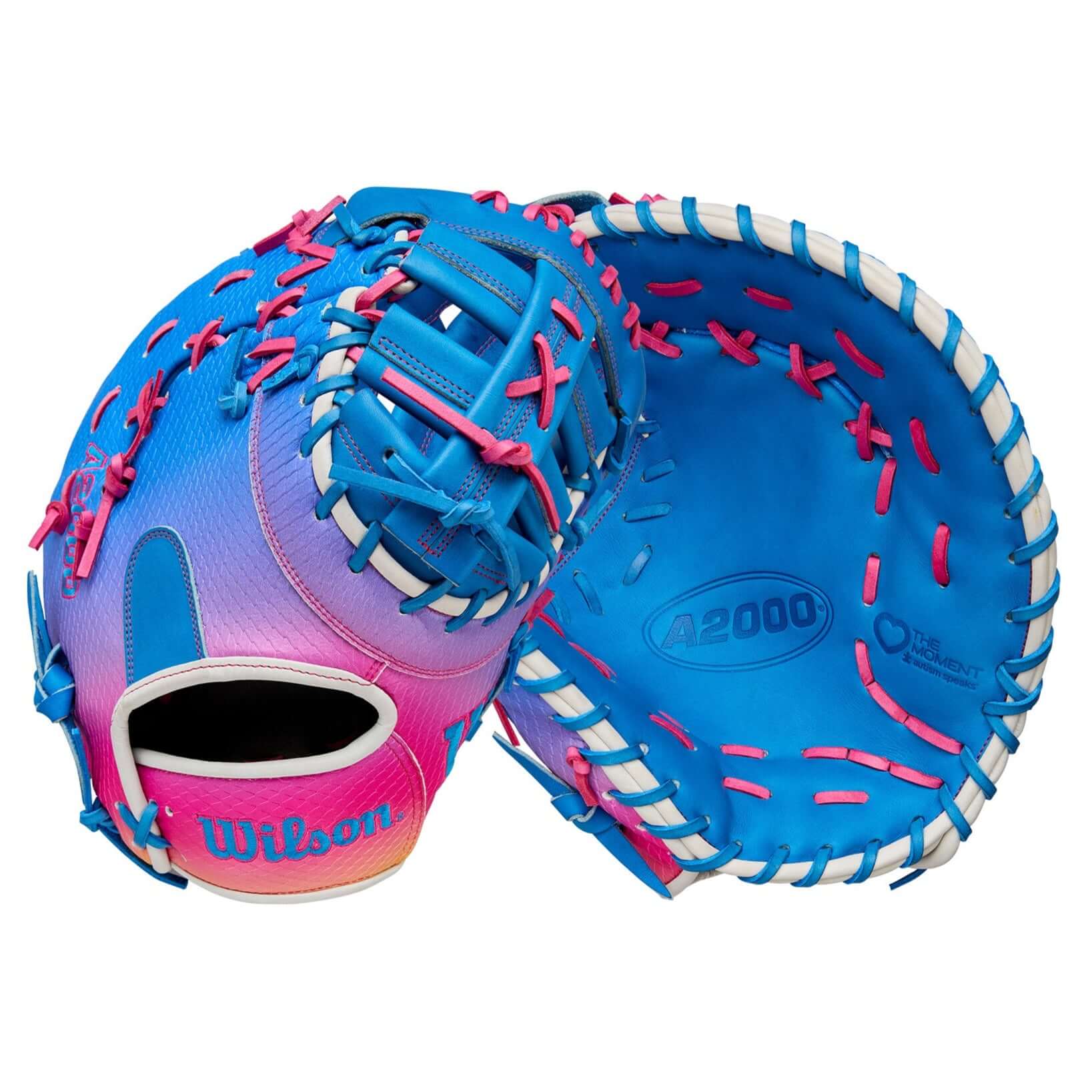Wilson 2025 A2000 1612SS first base mitt in blue and pink, featuring a 12" size and Autism design collaboration.