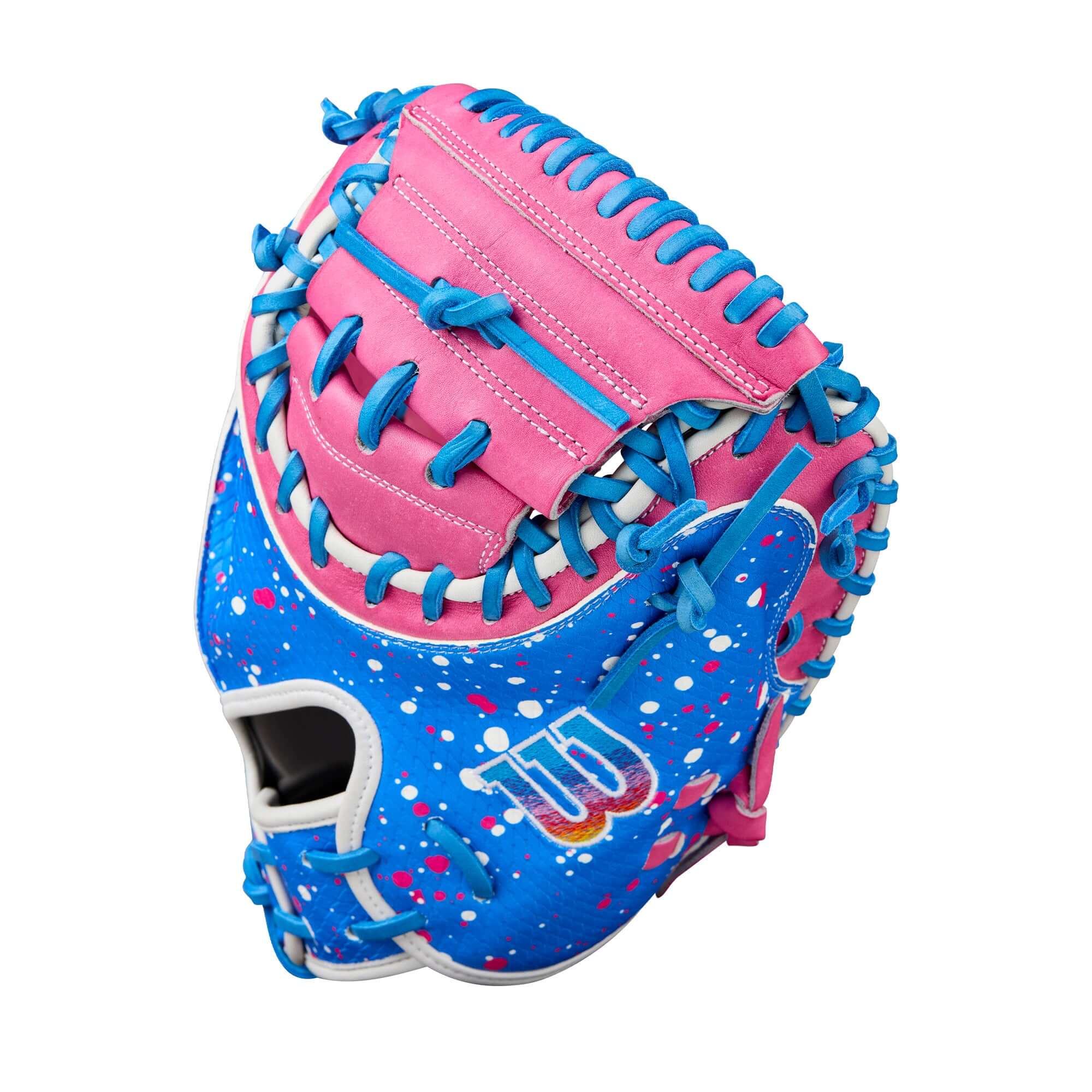 Wilson 2025 A2000 CM33SS baseball catcher's mitt in Flamingo Pink and Autism Speaks Blue with splatter paint design.