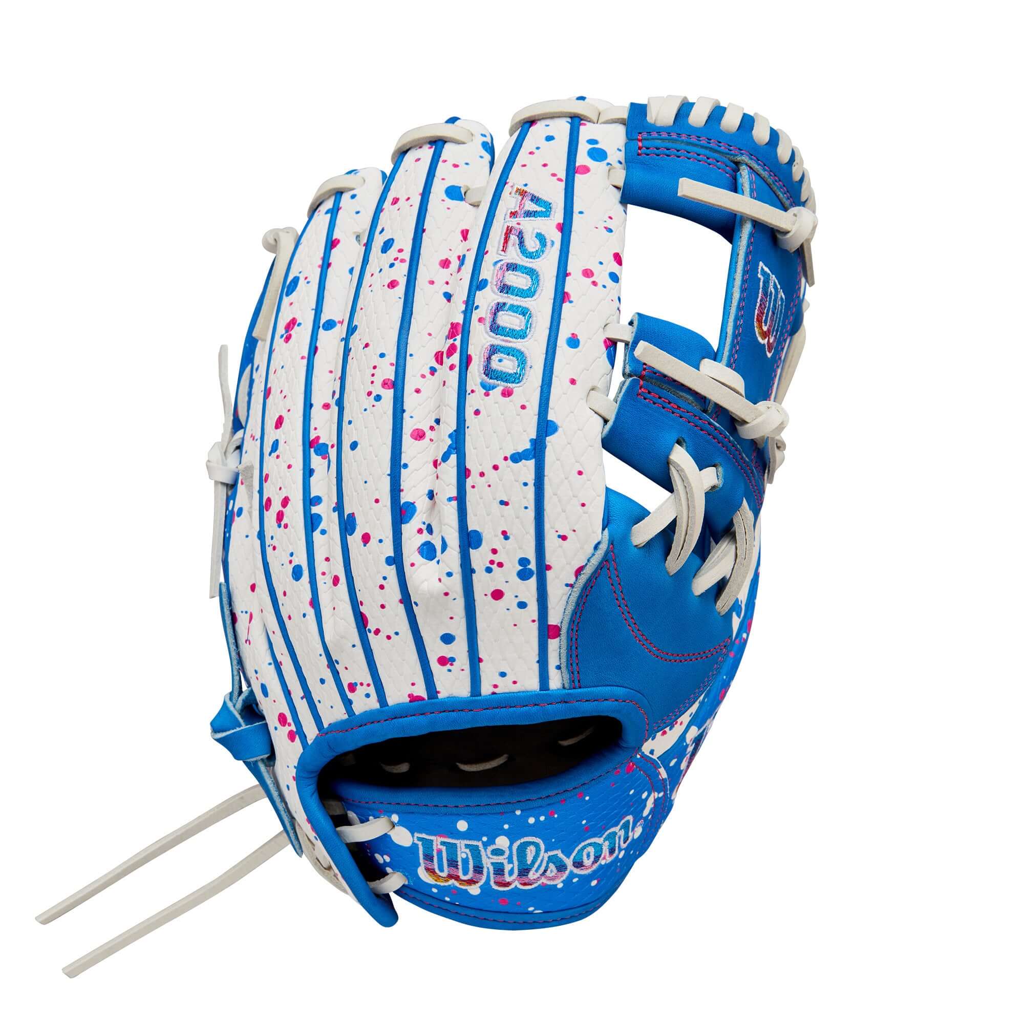 Wilson 2025 Love the Moment A2000 H12SS 12" fastpitch softball glove in blue and white design for infield players.