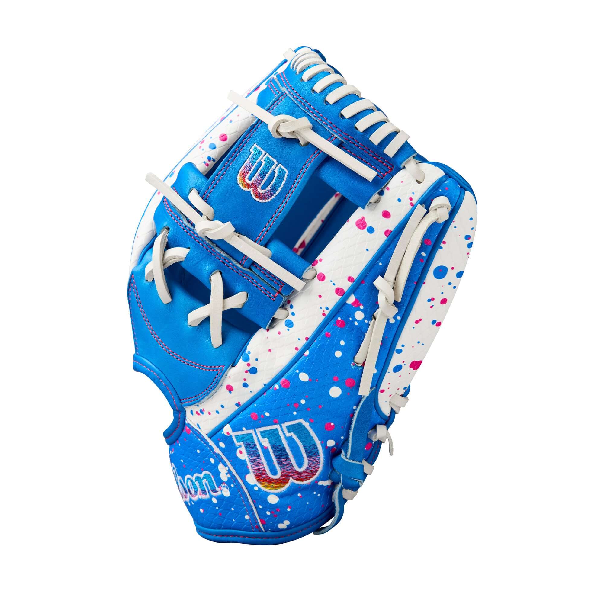 Wilson 2025 Love the Moment A2000 H12SS 12" fastpitch softball glove in blue and white with colorful design.