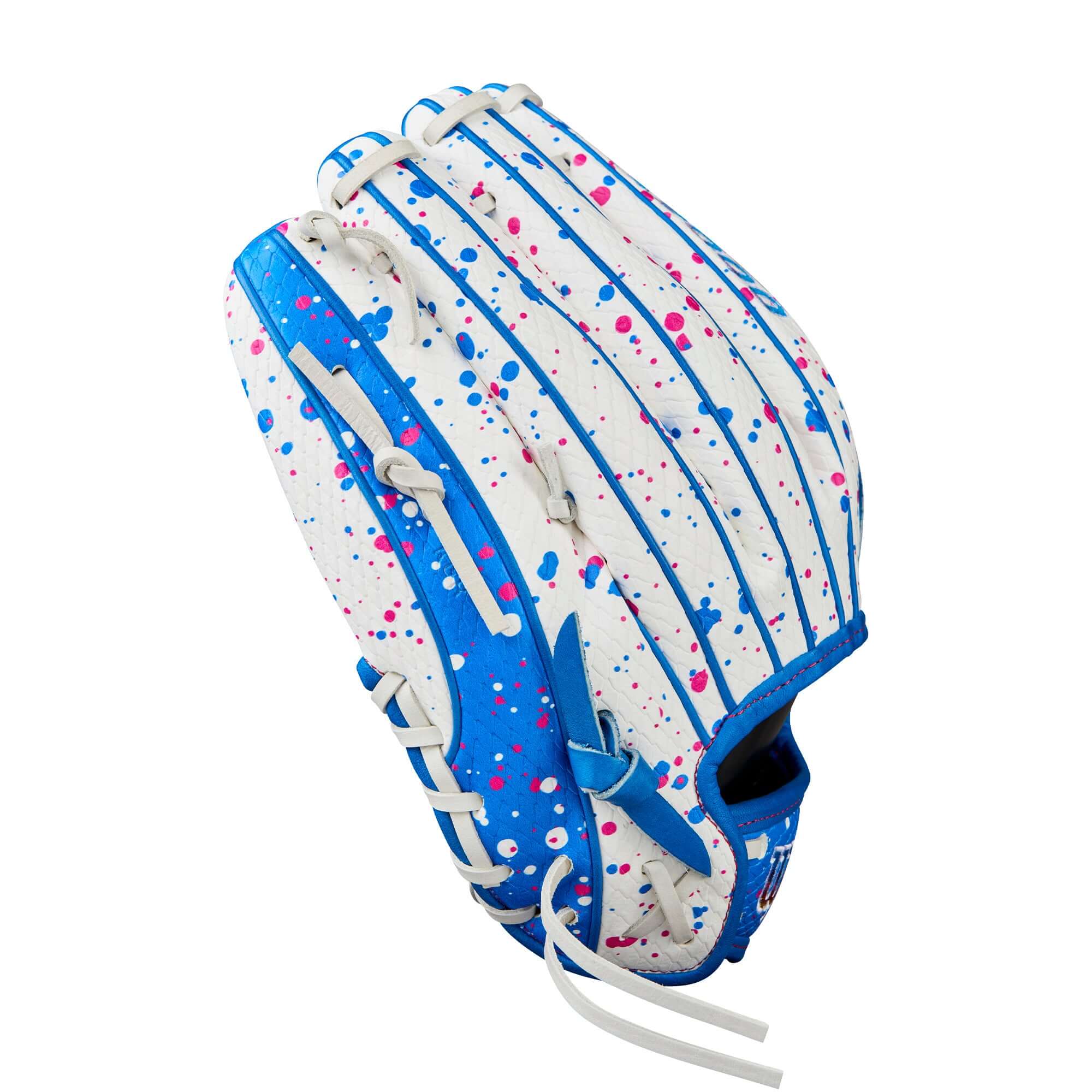 Wilson 2025 Love the Moment A2000 H12SS 12" infield fastpitch softball glove with blue and white splatter design.
