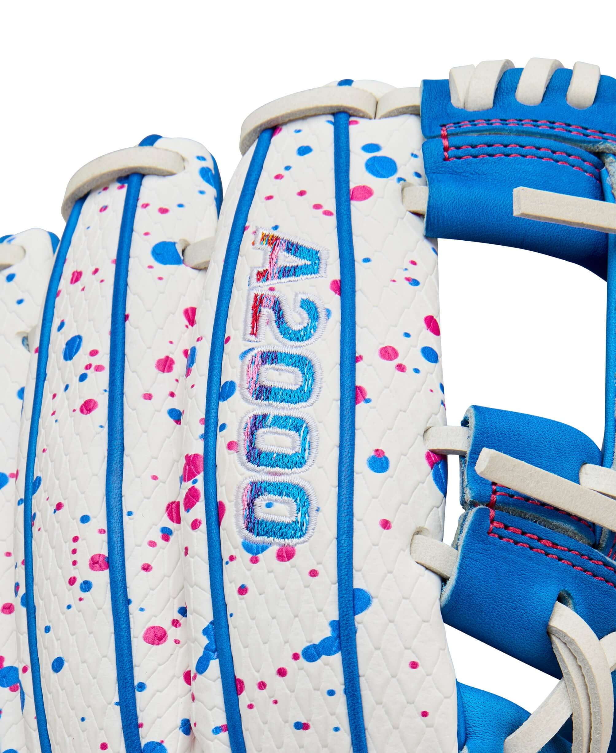 Close-up of the Wilson A2000 glove featuring colorful splatter design and blue accents.