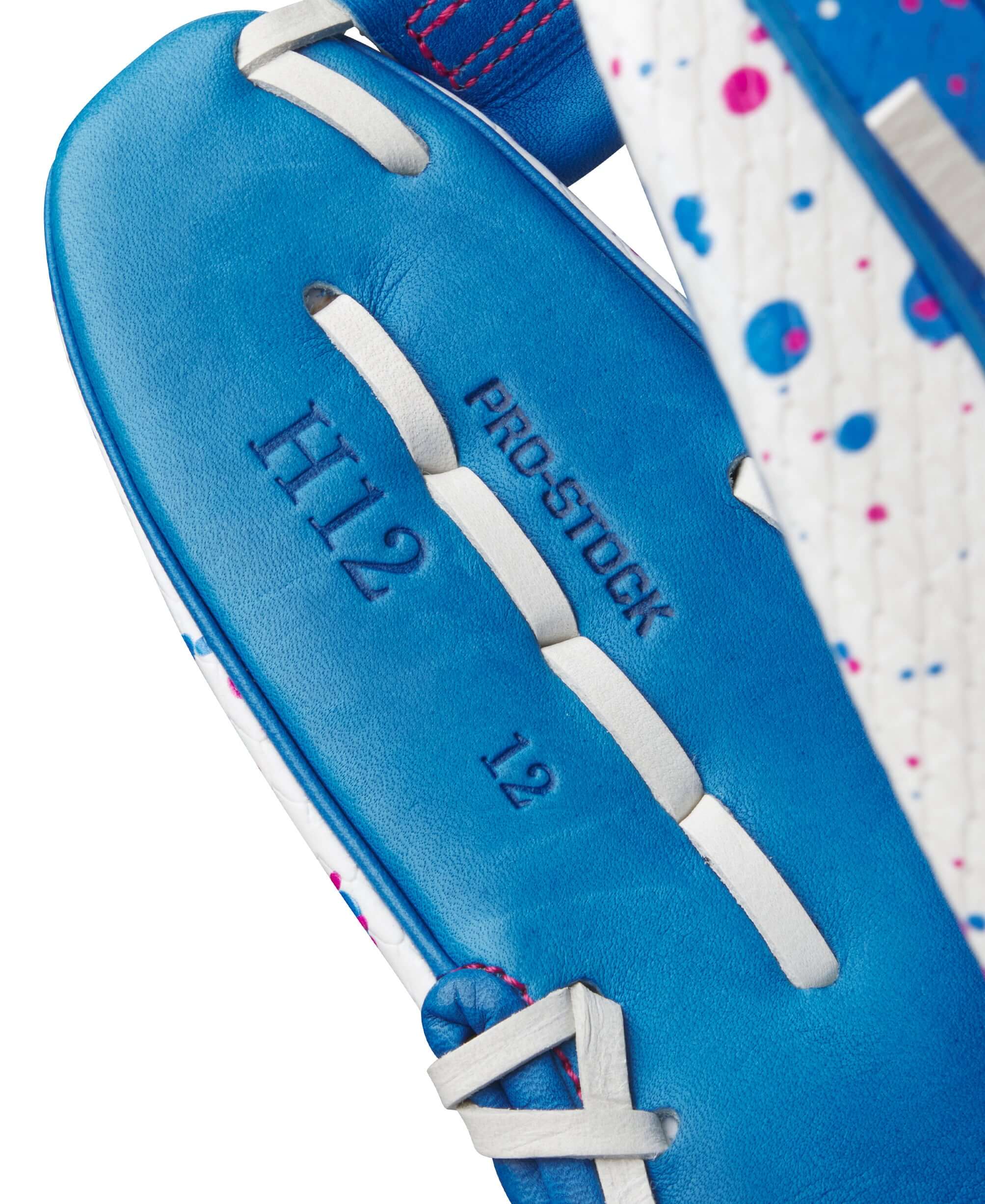 Close-up of the Wilson 2025 A2000 H12SS glove showcasing Pro Stock leather detail and blue design.