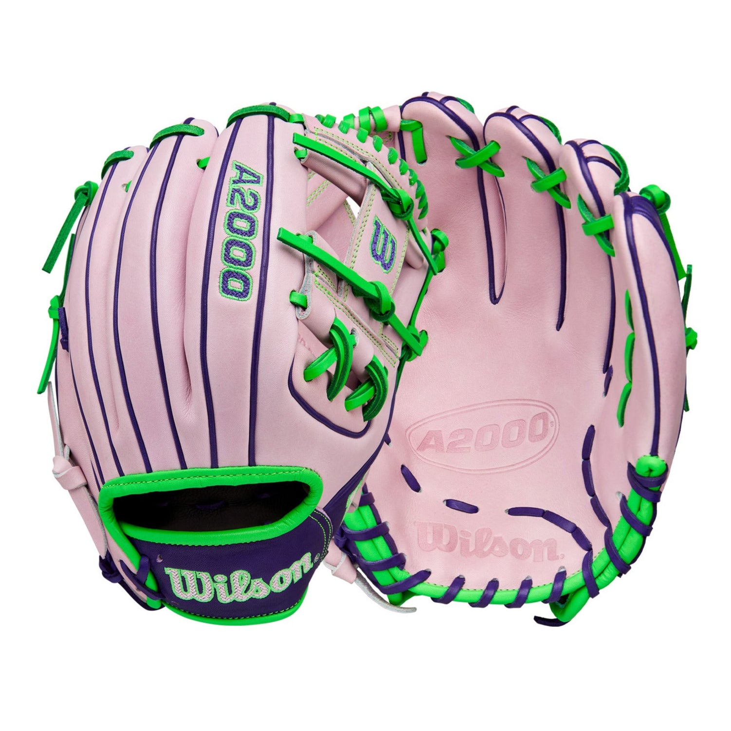 Wilson 2025 A2000 1786 11.5” Infield Glove front and back view in Lavender/Purple leather with Neon Green accents.