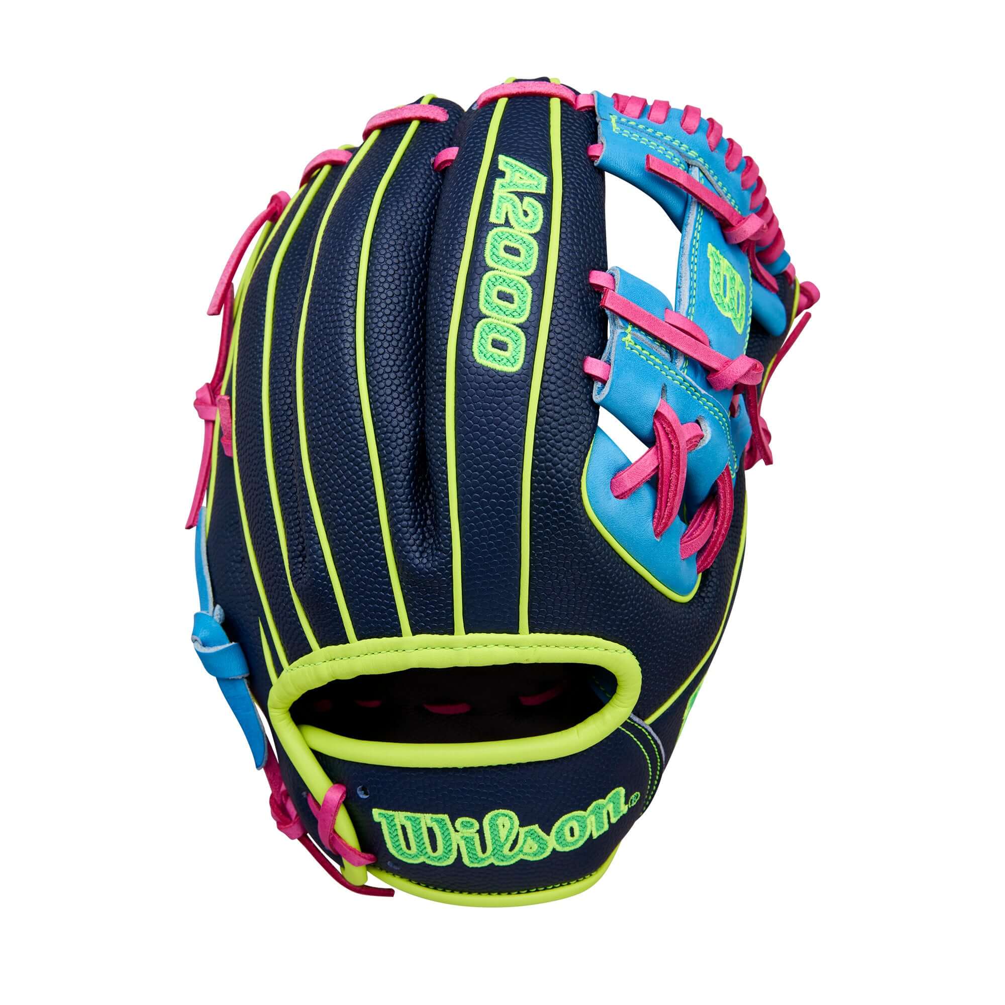 Back view of Wilson Winter 2025 A2000 1786SS 11.5” Infield Baseball Glove highlighting woven bold logos and lightweight SuperSkin™ shell.